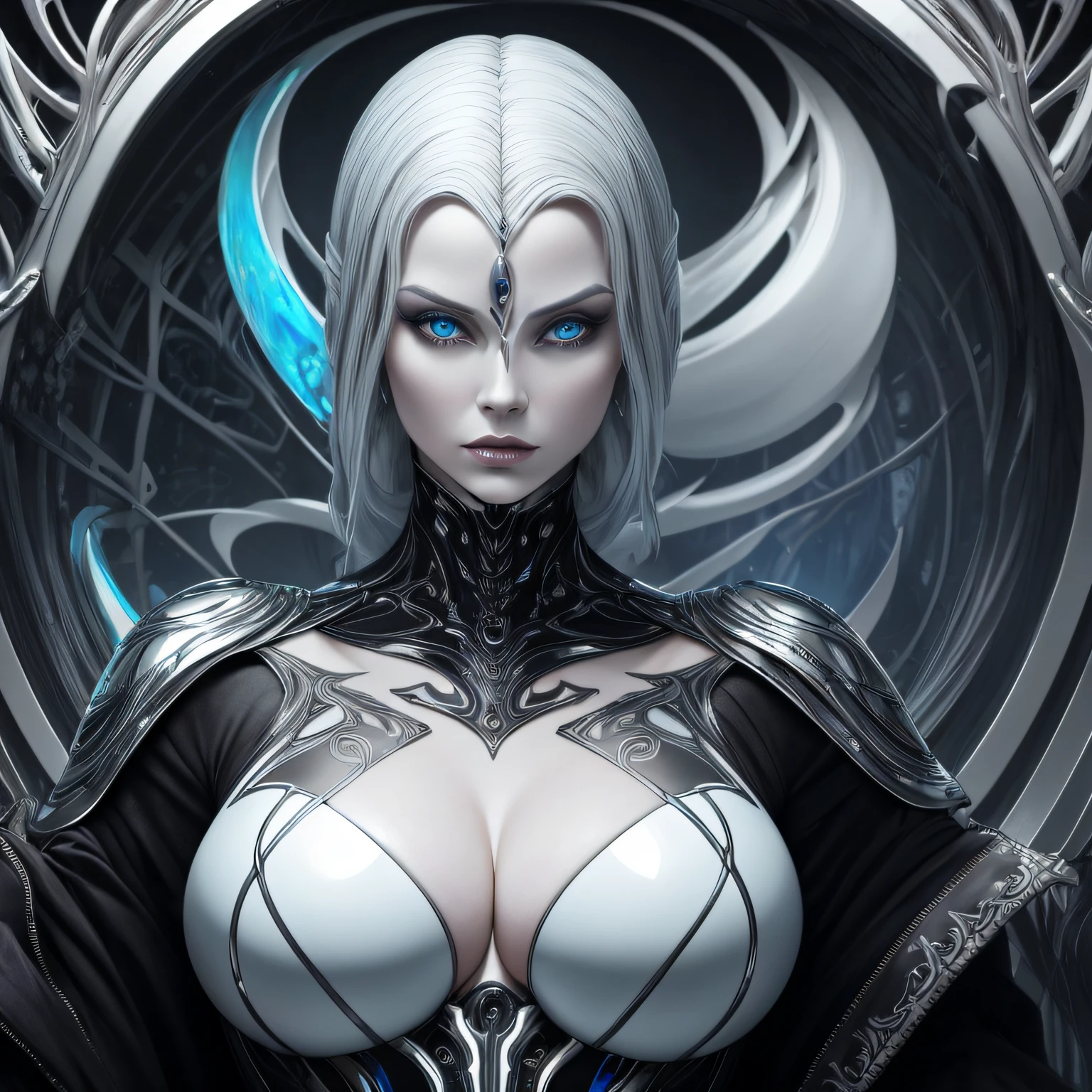 Strong contrast__hr_giger_art___flowing_contours__biomechaical__airbrush___strange__eerie__fashion_magazine_cover__art_deco_border___porcelain_and_platinum / A futuristic looking woman with porcelain skin / colourful iridescent chrome armour