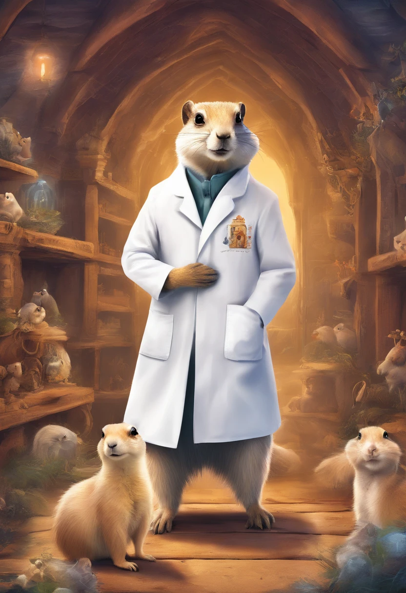 Prairie dog in lab coat stands in dental office，prairie dog，looking in camera，White lab coat，Vista distante，Animais，illustration , Dog with opules , inteligente
