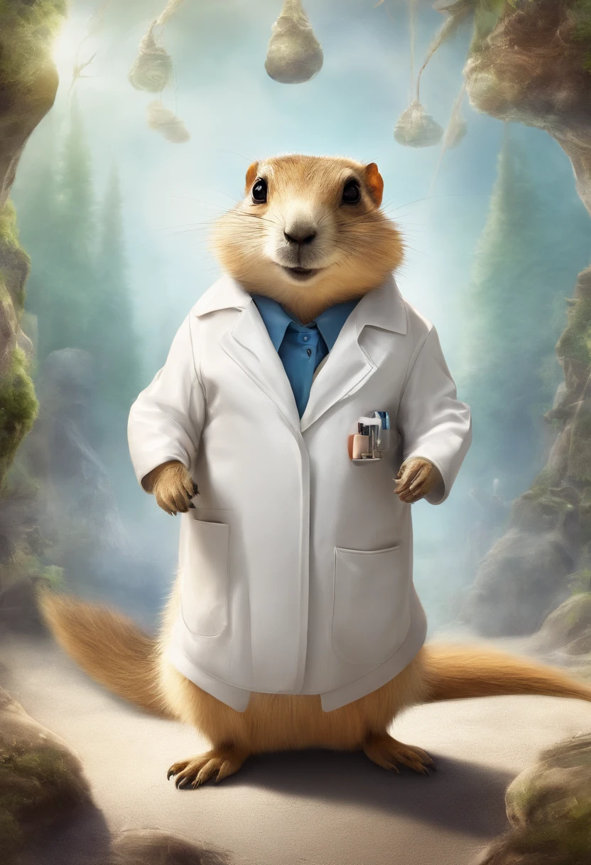 Prairie dog in lab coat stands in dental office,prairie dog,looking in camera,White lab coat,Vista distante,Animais,illustration , Dog with opules , inteligente