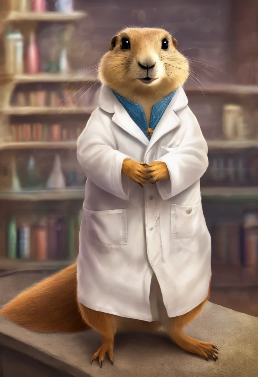 Prairie dog in lab coat stands in dental office，prairie dog，looking in camera，White lab coat，Vista distante，Animais，illustration , Dog with opules , inteligente