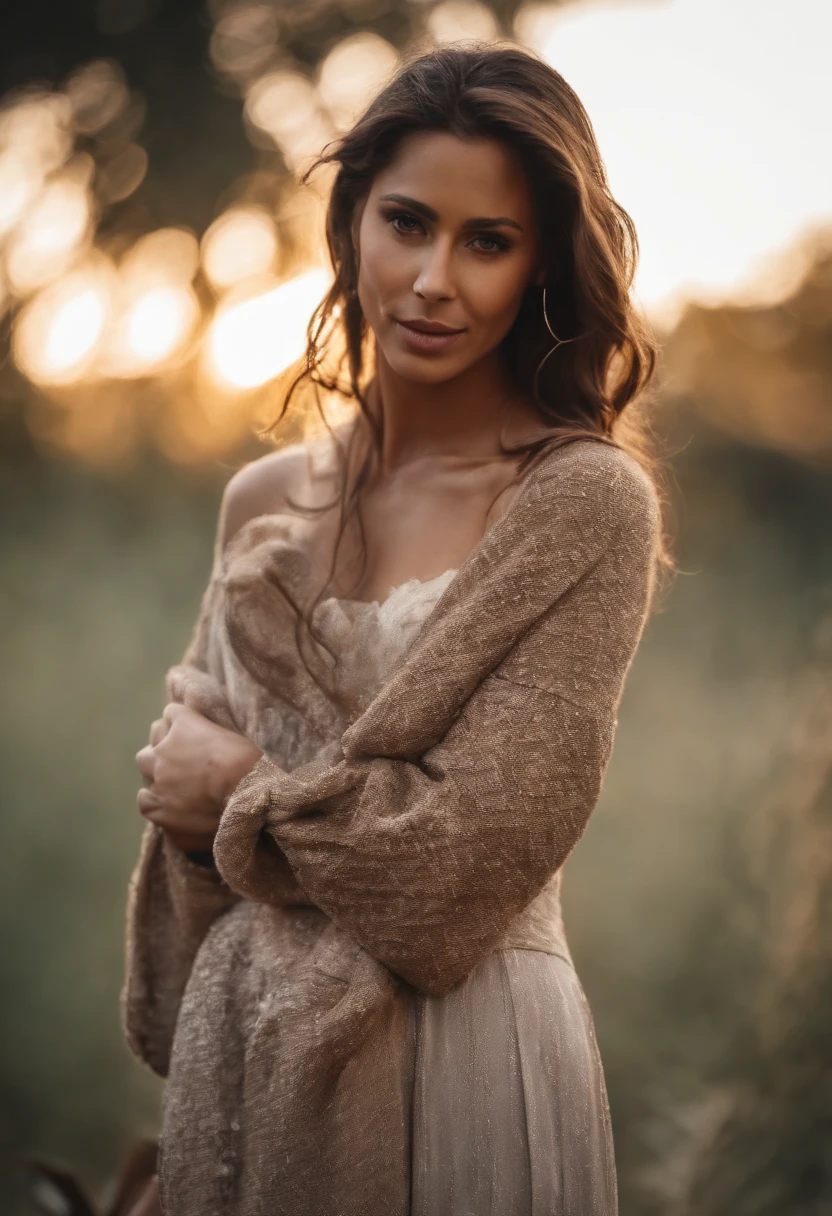 To create a portrait of a 27-year-old woman who is completely naked, with her legs open and her hair long, but her right eye is hidden by half of her hair. The photo must be very realistic