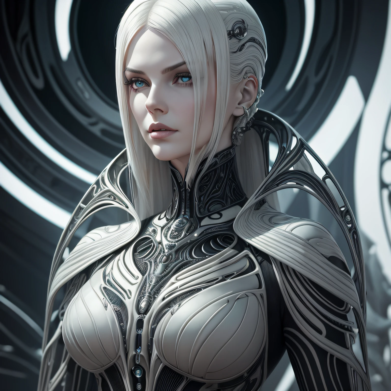 __hr_giger_art___flowing_contours__biomechaical__airbrush___strange__eerie__fashion_magazine_cover__art_deco_border___porcelain_and_platinum / A futuristic looking woman with porcelain skin