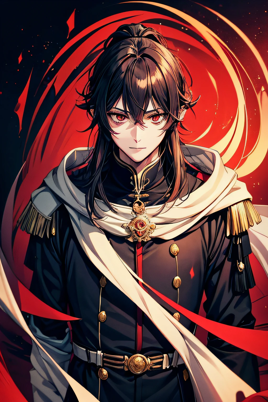 (Best quality,A high resolution),Vampire anime male with Owari no Seraf style :1.2,With a gentle smile,pointy-eared (Red eyes, Crimson eyes),(Long,Flowing,Silky) Black hair with high ponytail,Gentle expression,approximately 20 years old,Older brother type,Enchanting aura,Soft lighting,Subtle color scheme。The figure of an adult male，Probably about 185 tall。The clothes are medieval simple and low-key knightly uniforms。Steady，Looks very reliable