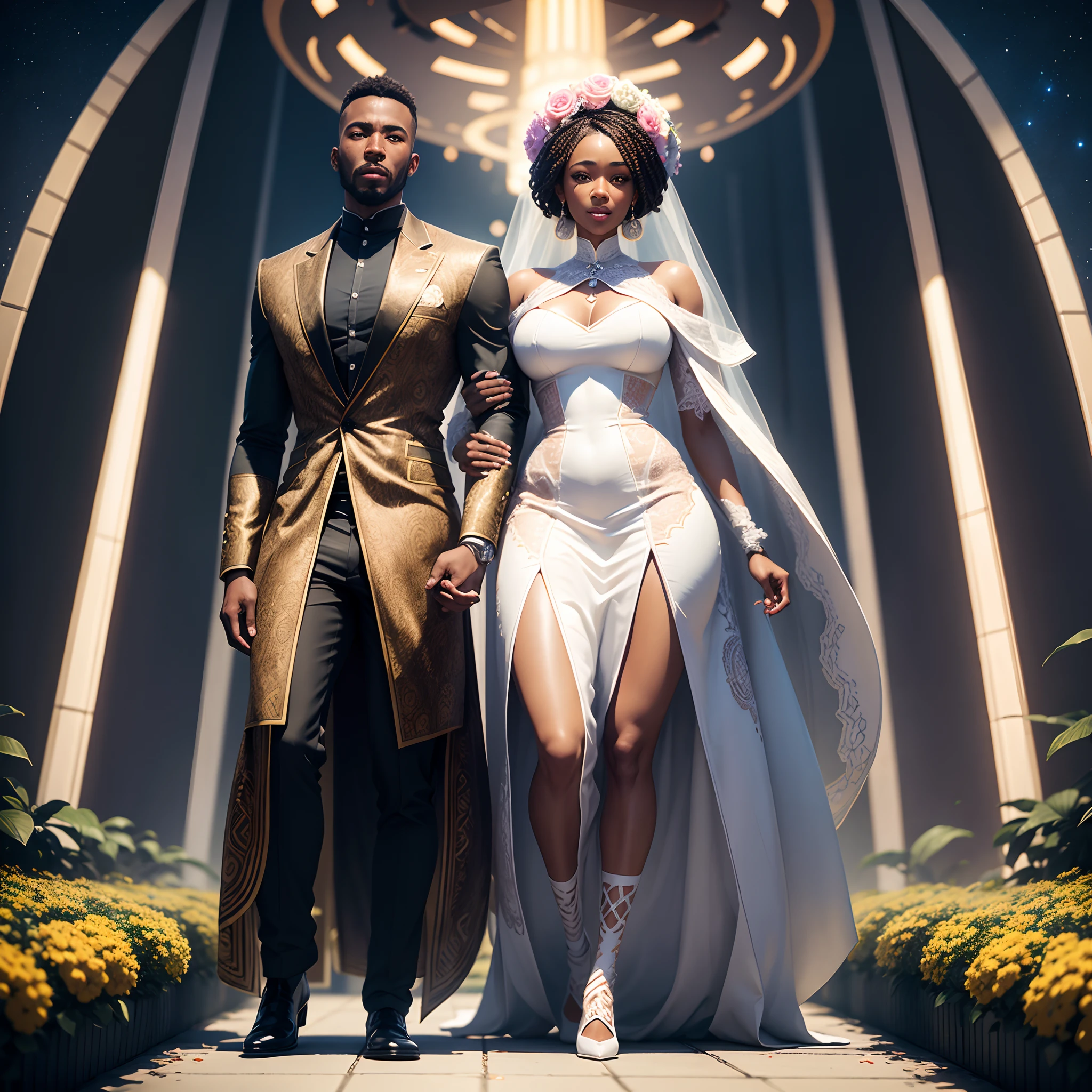 a happy Black man wedding a black woman both wearing african designed clothes getting married, in a garden of flowers and flying drones, african designed spaceships flying in the sky, celebrating congregation in the background, night time with giant androids shining light on the couple, with iridescent light, photorealistic image, ultra HD, cinematic lighting, art by Bella kotak, cgsociety 9, deviantart, 32k, unreal engine rendered,