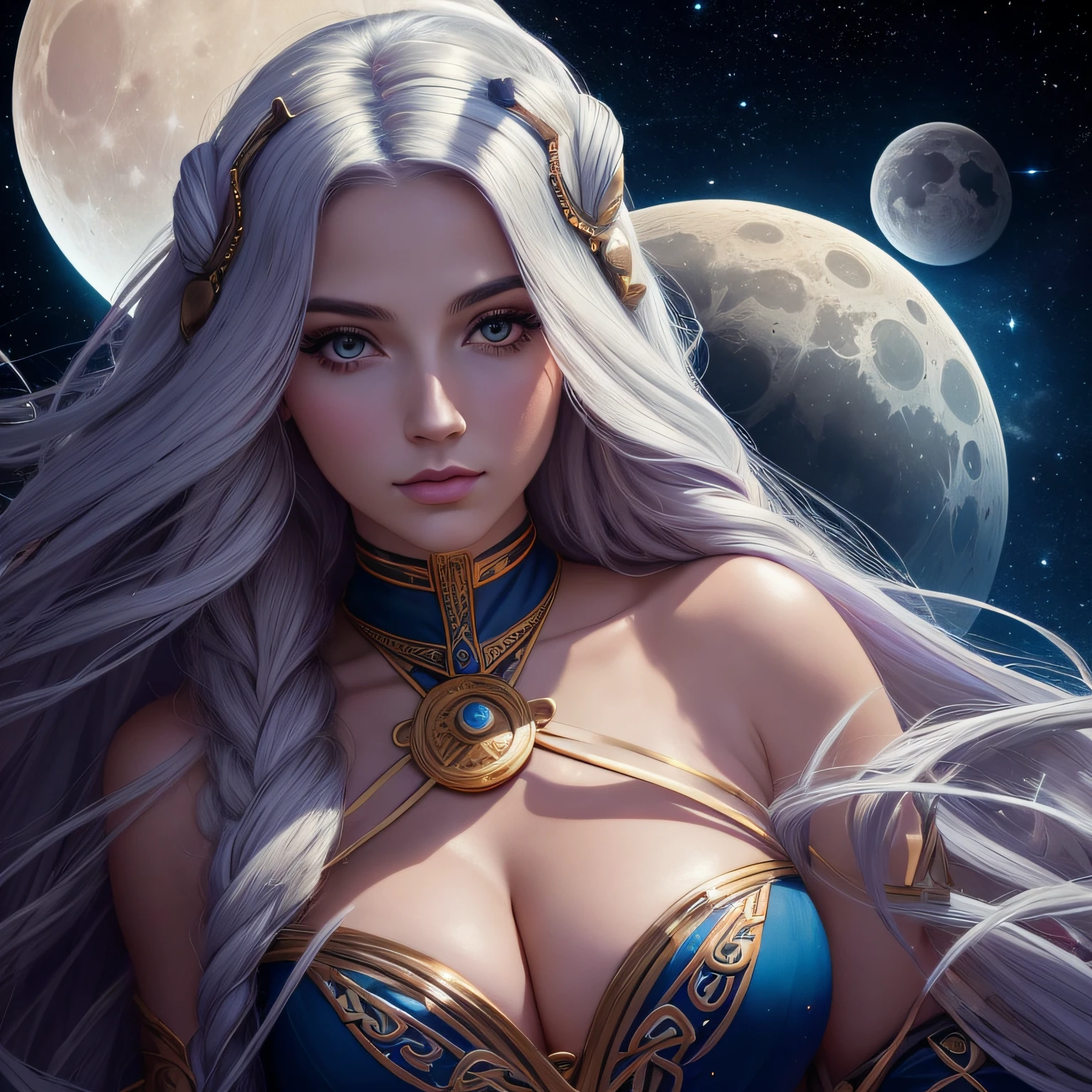 a painting of a woman with long hair and a crescent, portrait of a cosmic goddess, jen bartel, portrait of a norse moon goddess, goddess of space and time, moon goddess, cosmic goddess, celestial goddess, lunar goddess, high priestess, art deco of a space woman, the high priestess, goddess of the moon, goddess of galaxies