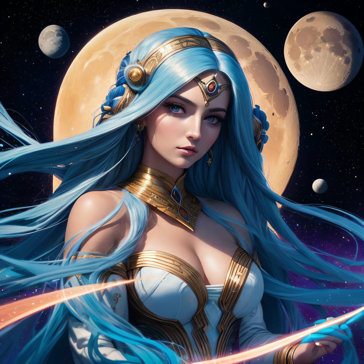 a painting of a woman with long hair and a crescent, portrait of a cosmic goddess, jen bartel, portrait of a norse moon goddess, goddess of space and time, moon goddess, cosmic goddess, celestial goddess, lunar goddess, high priestess, art deco of a space woman, the high priestess, goddess of the moon, goddess of galaxies