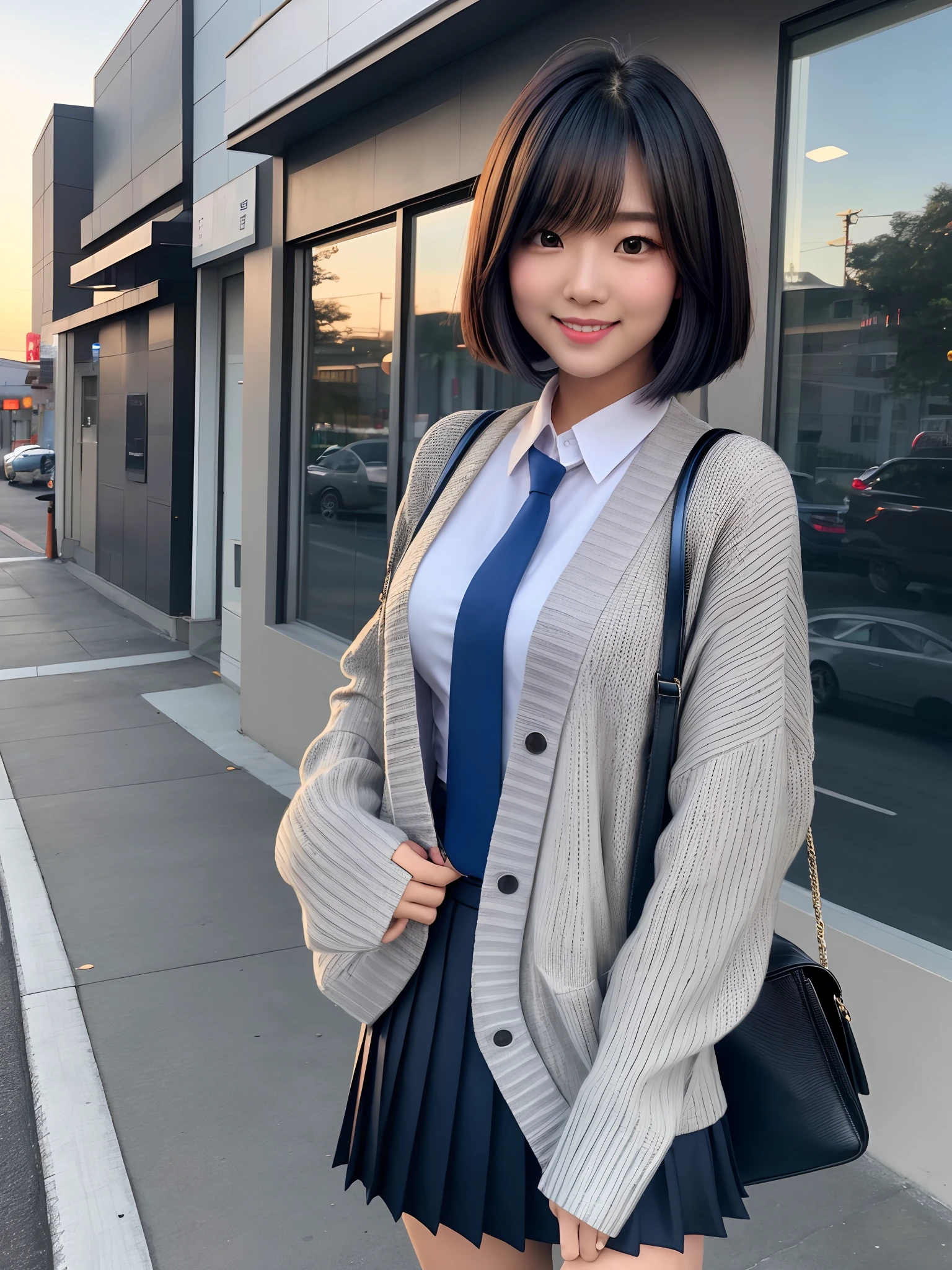 product quality, 1girl, upper body shot, front view, a Japanese young pretty woman, medium bob hair, standing with a big smile on a crowded sidewalk in the sunset, carrying a school bag over her shoulder, glamorous figure, wearing a long length gray knitted cardigan over a white collared silky shirt with shiny satin dark blue plain long tie, wearing a dark blue pleated long skirt, hyper cute face, glossy lips, double eyelids in both eyes, natural makeup, long eyelashes, shiny smooth light brown medium bob hair, asymmetrical bangs, a tanned skin, central image, high resolution, high detail, detailed hairstyle, detailed face, spectacular cinematic lighting, octane rendering, vibrant, hyper realistic, perfect limbs, perfect anatomy