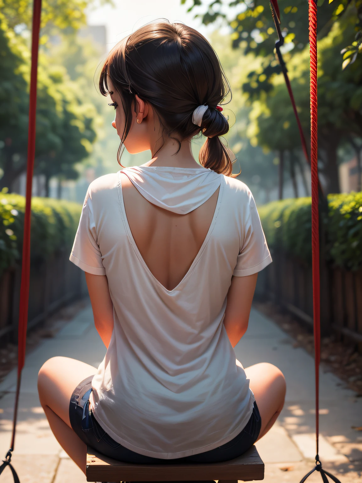 (1girl), (body facing away from camera), ((head turned back to face viewer)), sitting on a swing