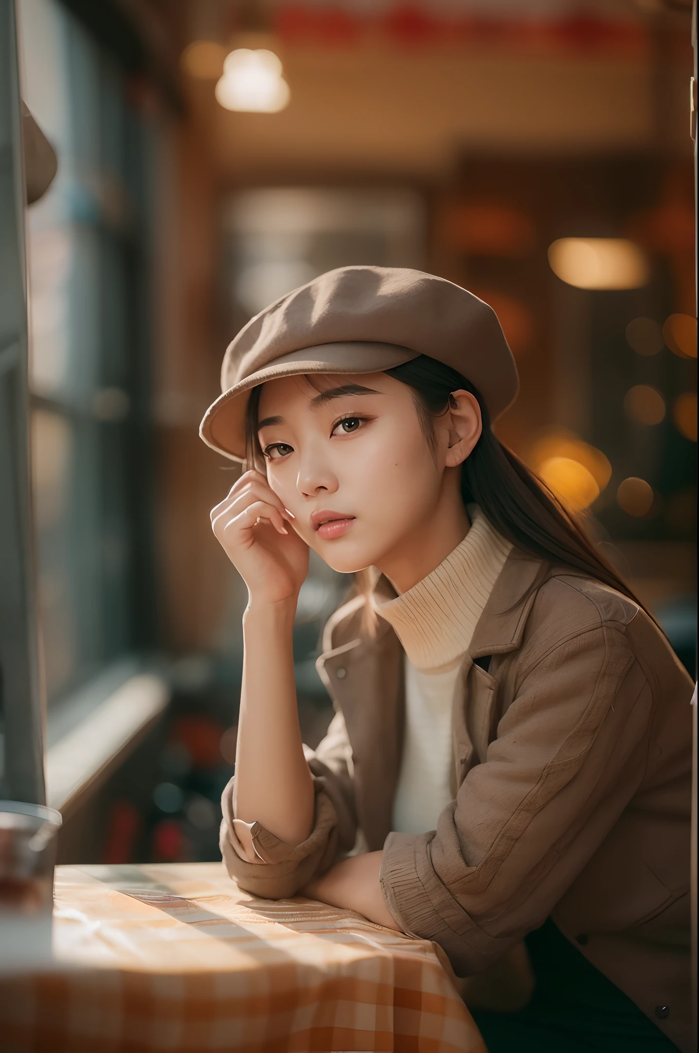 (masterpiece), (best quality), 8k resolution, 1girl, Asian girl, stunning beauty, perfect face, mature female, 20yo, sexy, sunny, sitting, autumn, indoor, in the cafe, beret, autumn clothes, short coat, long dress, checked dress, cinematic, low key, old film color, film photography