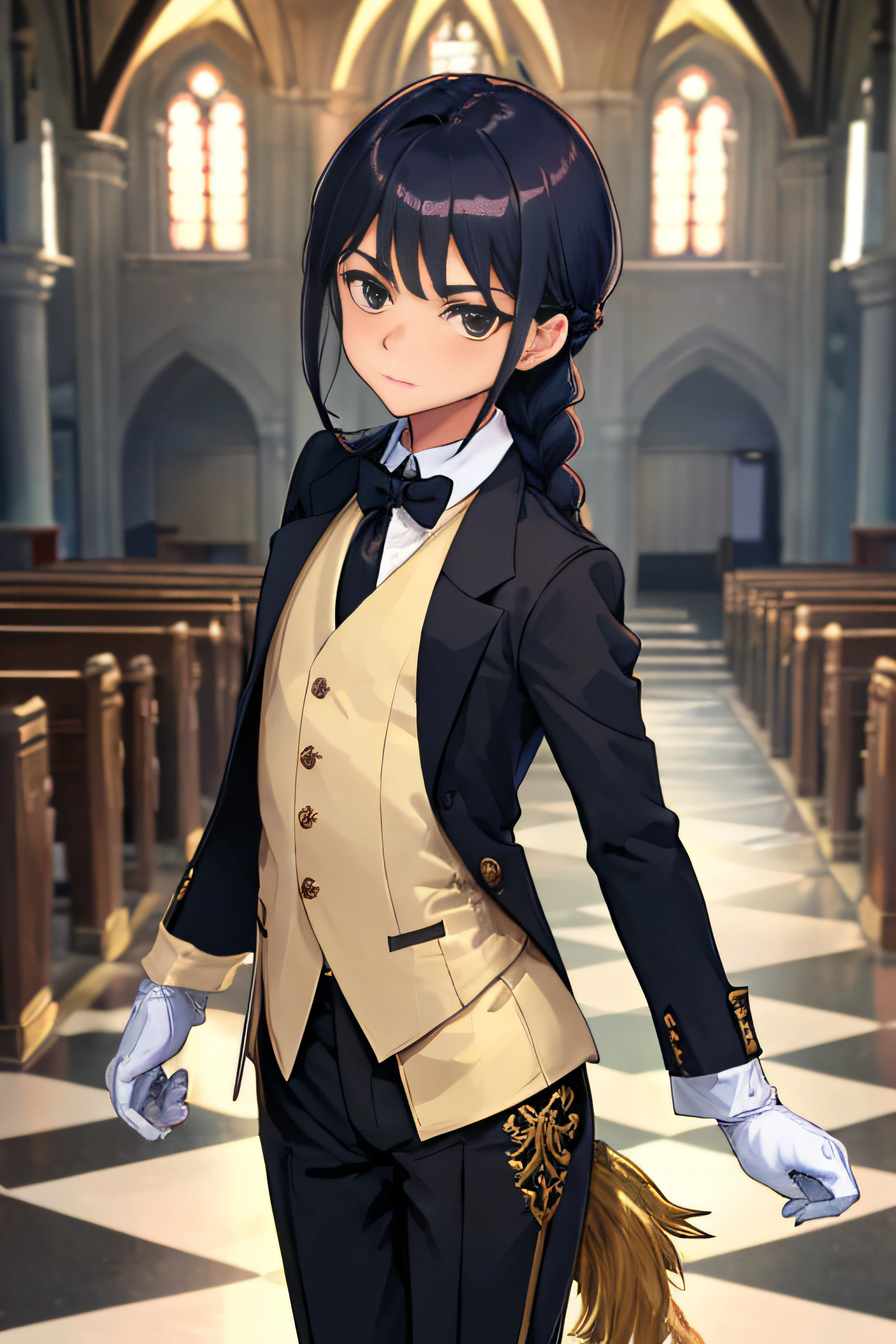 ((One girl is dressed as a guy)), butler,(masterpiece),((wearing beautiful detailed butler clothes)),((tailcoat)),((pants)),white gloves,sommelier,one of a kind girl,pretty face,beautiful eyes with details,((single braid)),beautiful face,slanted eyes cool face,long hair,black hair,black eyes,indoor,church,masterpiece,extremely fine and beautiful,boyis,centerd view,facing forward,arms behind back,((flat chest))