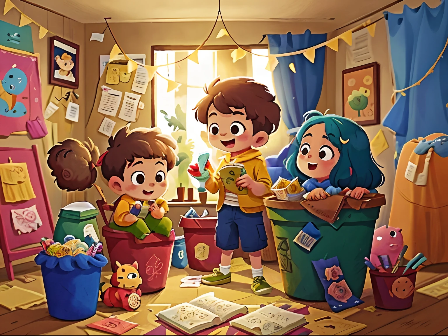 no recreio da escola, Happy kids throw waste and garbage in trash cans or wastebasket , seus cabelos tingidos de azul. The details of the frame are intricate, altamente restaurado para a textura da pele dos personagens, usando o estilo Surrealismo, Aprimoramento de cores Fujicolor, Tachi-e style blank space to create the atmosphere of the image, And the carefully depicted elements of the designed ensemble are wonderfully undulating. Modern 4K UHD HD picture quality creates light and shadow shifts in every detail, tornando-o uma obra-prima imersiva e envolvente.