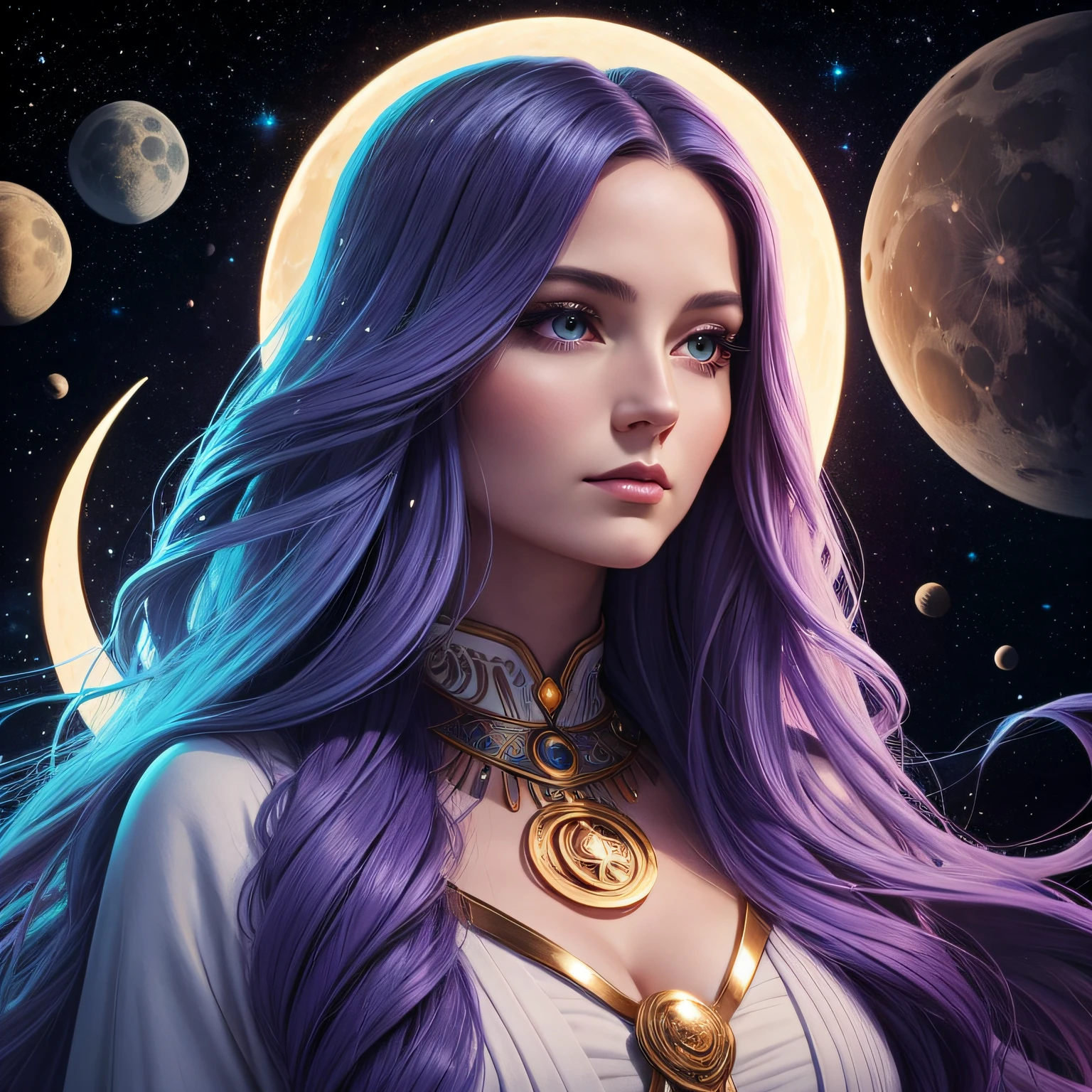 a painting of a woman with long hair and a crescent, portrait of a cosmic goddess, jen bartel, portrait of a norse moon goddess, goddess of space and time, moon goddess, cosmic goddess, celestial goddess, lunar goddess, high priestess, art deco of a space woman, the high priestess, goddess of the moon, goddess of galaxies