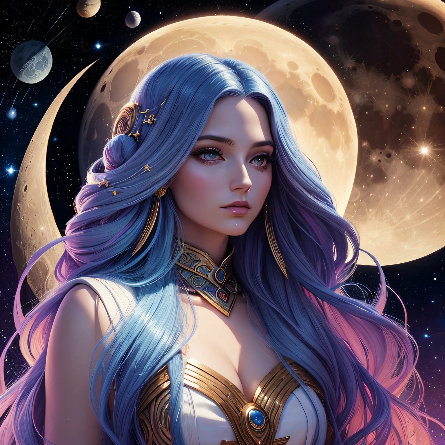 Create a high-quality, 8K ultra-high resolution image of a woman with long, light blue hair standing on a beach, holding a mirror. She is looking at her reflection, which has a blurred face and is gazing directly at the viewer, conveying an eerie and melancholic aura. The background features a breathtaking, overcast sky in shades of gold, red, and orange, adorned with visible galaxies and stars, adding to the somber and otherworldly mood of the scene. Use high contrast and low saturation to emphasize the detailed anatomy-based character design and the emotional depth of the composition.