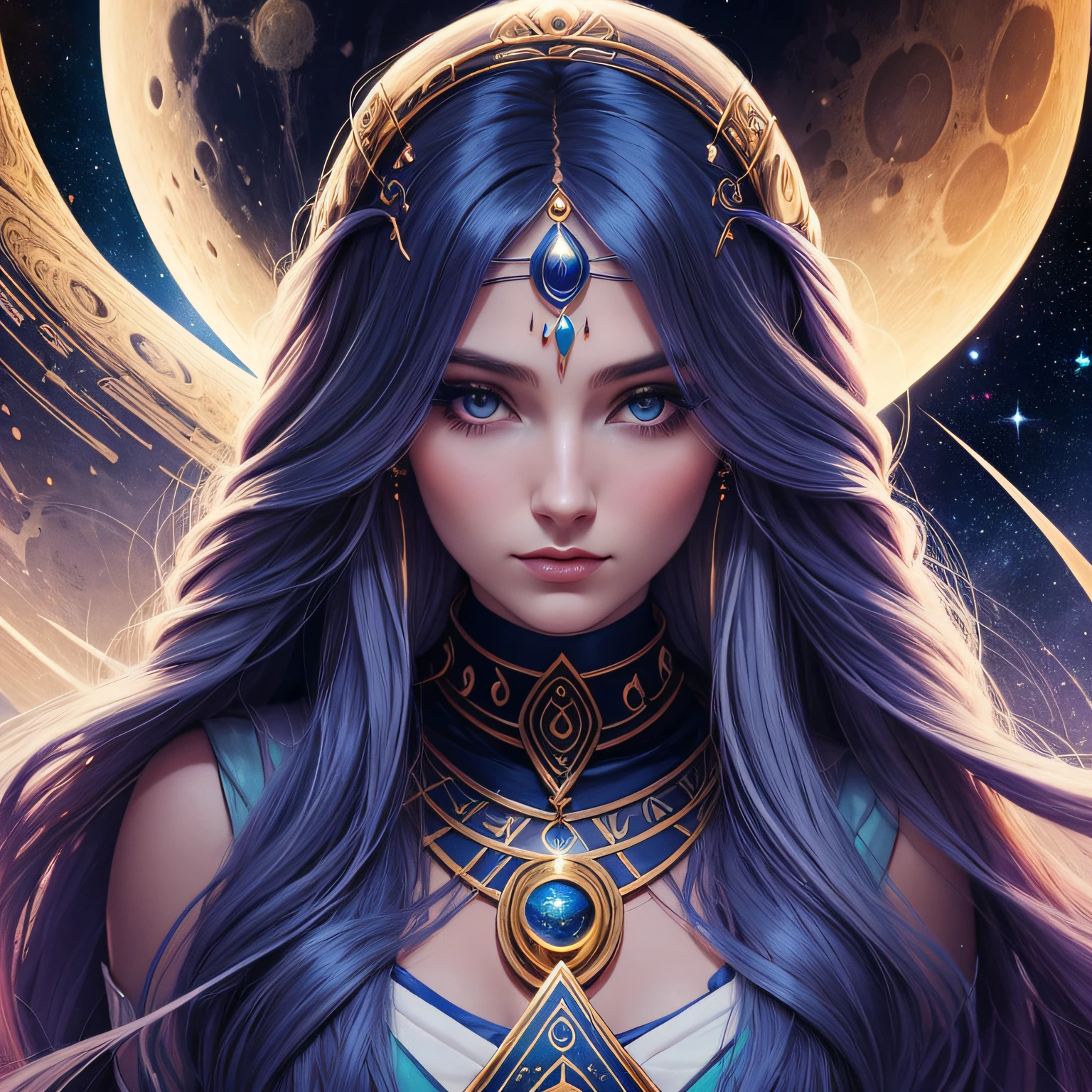 a painting of a woman with long hair and a crescent, portrait of a cosmic goddess, jen bartel, portrait of a norse moon goddess, goddess of space and time, moon goddess, cosmic goddess, celestial goddess, lunar goddess, high priestess, art deco of a space woman, the high priestess, goddess of the moon, goddess of galaxies
