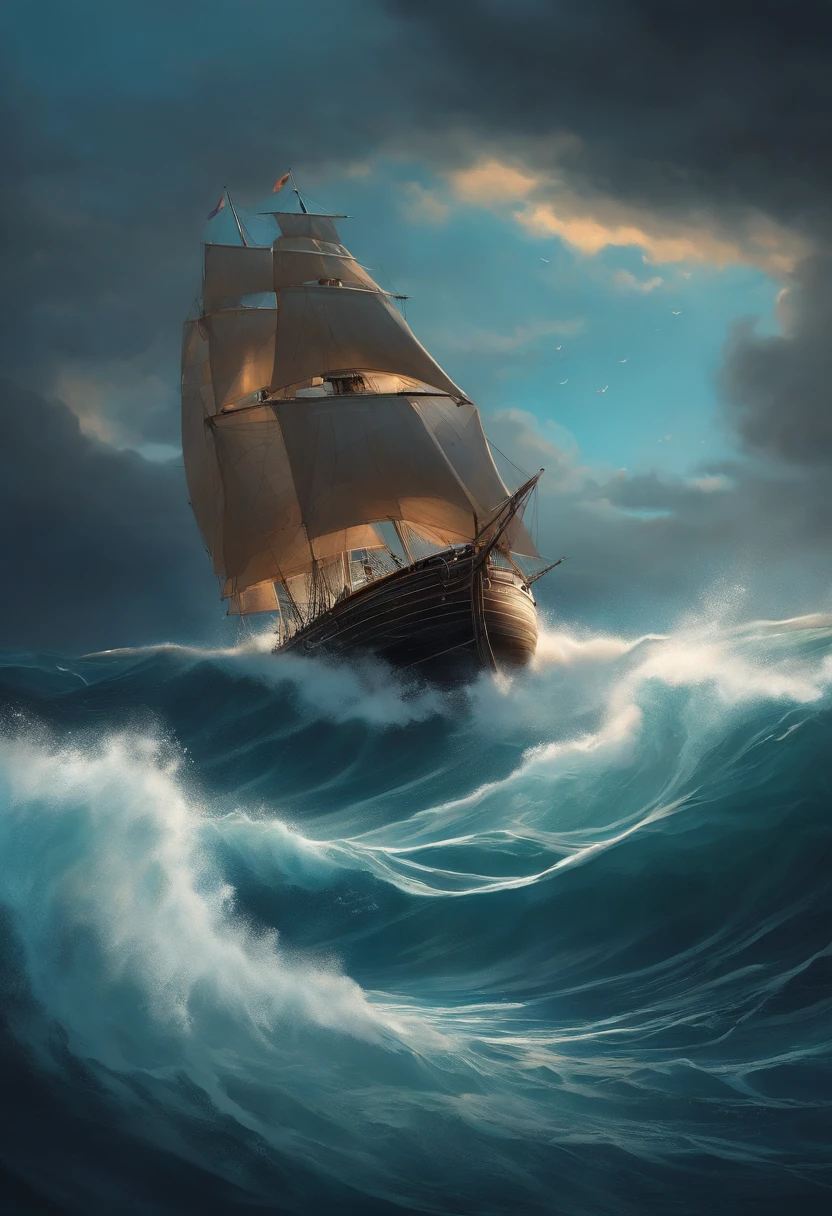 painting of a sailboat in a large wave with a sky background, concept art inspired by Cyril Rolando, Artstation contest winner, conceptual art, in style of cyril rolando, cyril rolando and m. w kaluta, cyril rolando and m.w kaluta, in rough seas with large waves, a ship lost in a storm, amazing wallpaper