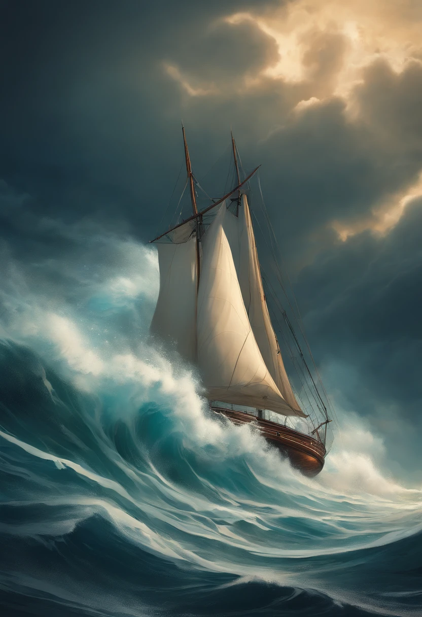 painting of a sailboat in a large wave with a sky background, concept art inspired by Cyril Rolando, Artstation contest winner, conceptual art, in style of cyril rolando, cyril rolando and m. w kaluta, cyril rolando and m.w kaluta, in rough seas with large waves, a ship lost in a storm, amazing wallpaper