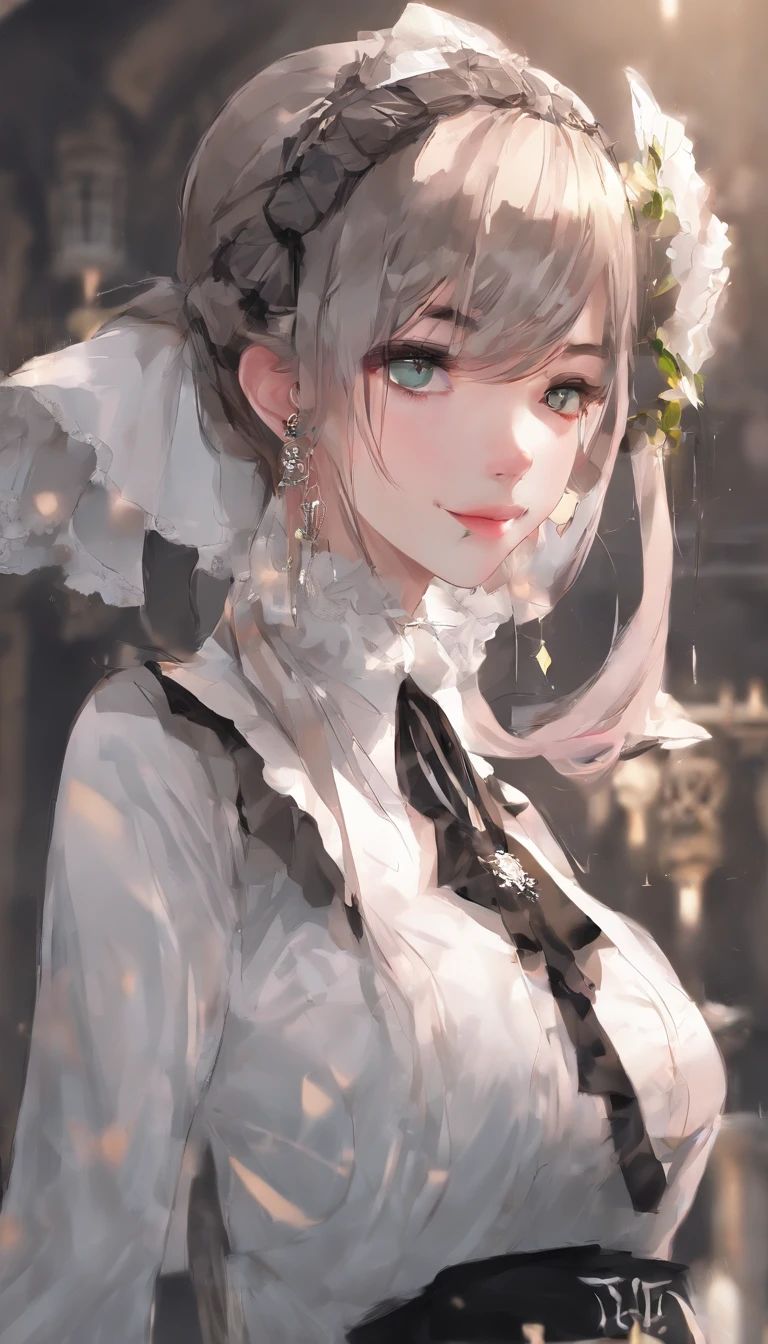 (best quality,4k,8k,highres,masterpiece:1.2),ultra-detailed,(realistic,photorealistic,photo-realistic:1.37),beautiful expressive eyes,long eyelashes,beautiful detailed lips,detailed hair and face,(She looks as if she is about to cry.),clean and flawless skin,(Very large breasts, big tits, oversized tits),Short hair,(Earrings, maid uniform),