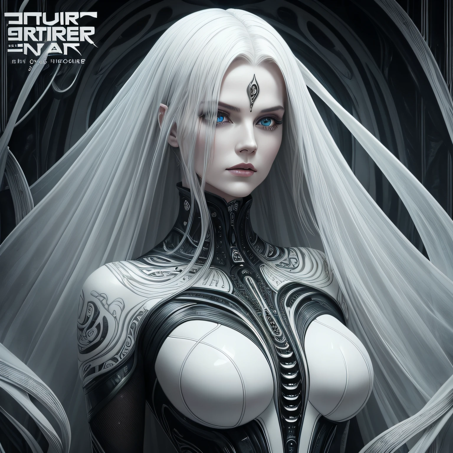 __hr_giger_art___flowing_contours__biomechaical__airbrush___strange__eerie__fashion_magazine_cover__art_deco_border___porcelain_and_platinum / A futuristic looking woman with porcelain skin
