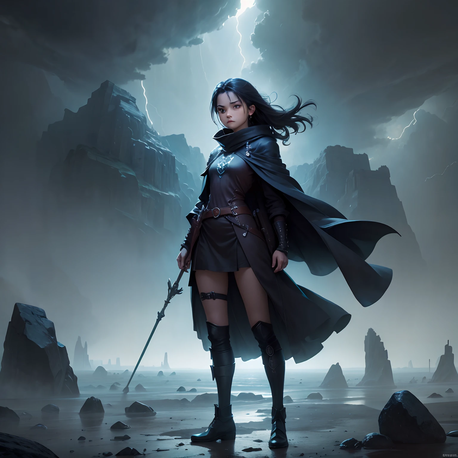 - Night scenery: A vast desert plain under a starry night sky.
- Weather: An intense rain storm, with drops falling around the character.
- Character: A young earthbending user, wearing dark clothes and with some rocks floating around her.
- Pose: The character is facing the viewer, with the rocks around her due to earthbending.
- In the background: On the horizon, in the distance, there are the ruins of an ancient city or castle, partially obscured by the rain.
- The character holds a staff with mysterious symbols engraved on it, which glow dimly in the darkness.
- The image must be high resolution (HD) and with clear details to be used as a WebNovel cover.
- The atmosphere of the image should be dark and mysterious, evoking a sense of adventure and magic.