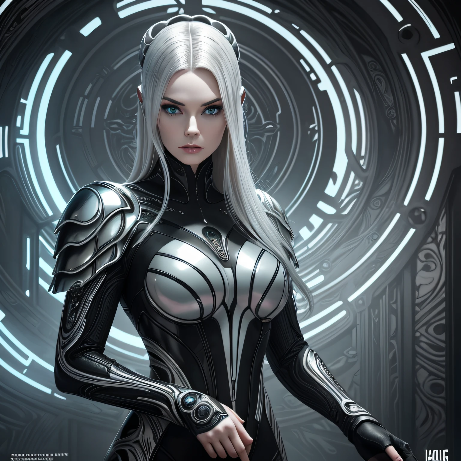 Strong contrast__hr_giger_art___flowing_contours__biomechaical__airbrush___strange__eerie__fashion_magazine_cover__art_deco_border___porcelain_and_platinum / A futuristic looking woman with porcelain skin / colourful iridescent chrome armour