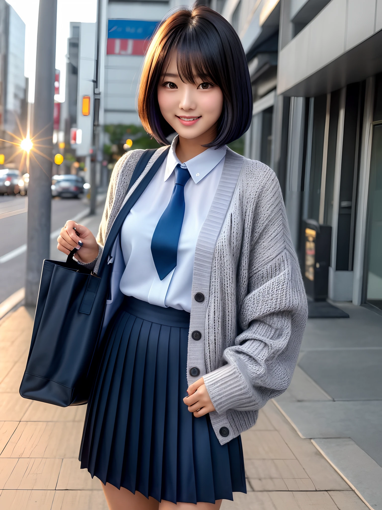 product quality, 1girl, upper body shot, front view, a Japanese young pretty woman, medium bob hair, standing with a big smile on a crowded sidewalk in the sunset, carrying a school bag over her shoulder, glamorous figure, wearing a long length gray knitted cardigan over a white collared silky shirt with shiny satin dark blue plain long tie, wearing a dark blue pleated long skirt, hyper cute face, glossy lips, double eyelids in both eyes, natural makeup, long eyelashes, shiny smooth light brown medium bob hair, asymmetrical bangs, a tanned skin, central image, high resolution, high detail, detailed hairstyle, detailed face, spectacular cinematic lighting, octane rendering, vibrant, hyper realistic, perfect limbs, perfect anatomy
