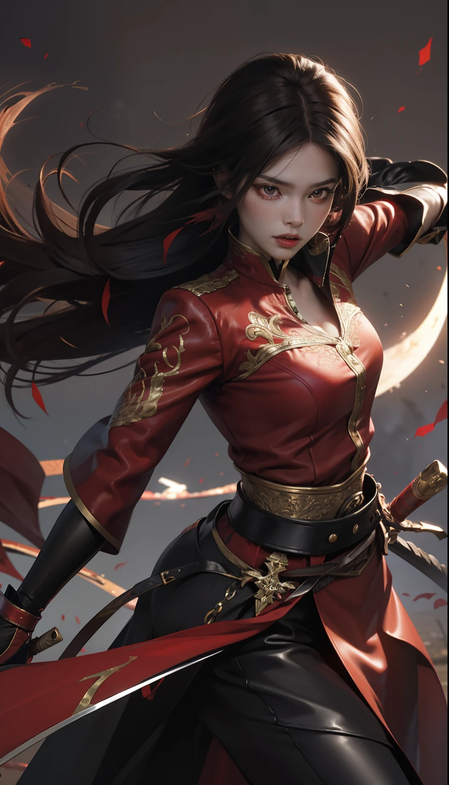 Woman in red top and black tight leather pants, She holds a crimson sword、Sword、Combat depiction、Expression of dynamism、Full body projection、Battle Characters, Long straight hair with red highlights on black hair,Hair fluttering in the wind,sharp eye、Clear red eyes、Red Eyeliner、long lashes, nffsw, crimson attire, Realistic smooth skin delicately expressed in every detail,Realistically reproduces muscle texture、Intricately decorated crimson-themed long jacket、Big Brat Moon Background