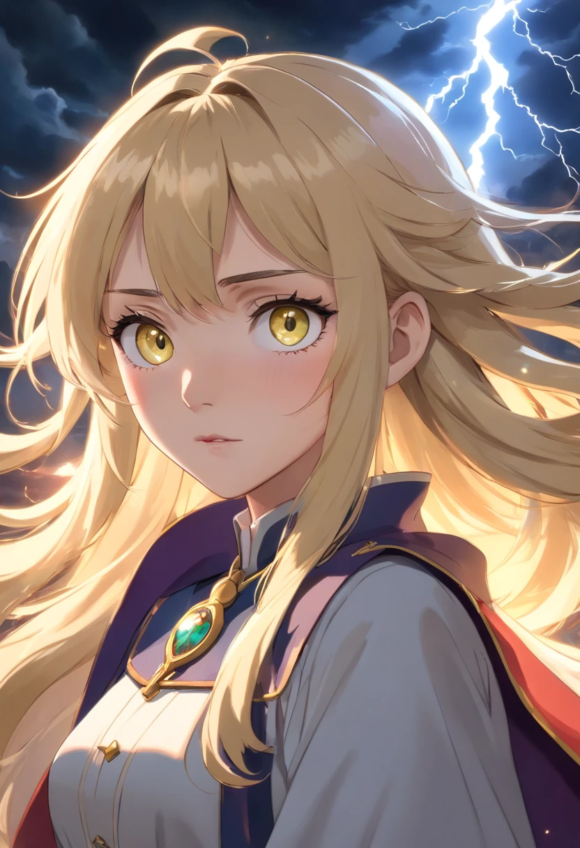 (best quality,4k,8k,highres,masterpiece:1.2),ultra-detailed,(realistic,photorealistic,photo-realistic:1.37),portrait:1.1, illustration, 1 mage:(eyes:1.1,nose:1.1,lips:1.1,beautiful detailed eyes,beautiful detailed lips,extremely detailed eyes and face,long eyelashes),young woman female magician, brutal face, long blonde hair with golden eyes,light ,unstable anomaly ,golden and black colors,dark lightning,depth of field