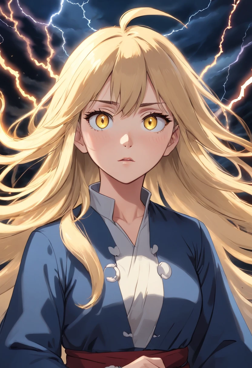 (best quality,4k,8k,highres,masterpiece:1.2),ultra-detailed,(realistic,photorealistic,photo-realistic:1.37),portrait:1.1, illustration, 1 mage:(eyes:1.1,nose:1.1,lips:1.1,beautiful detailed eyes,beautiful detailed lips,extremely detailed eyes and face,long eyelashes),young woman female magician, brutal face, long blonde hair with golden eyes,light ,unstable anomaly ,golden and black colors,dark lightning,depth of field
