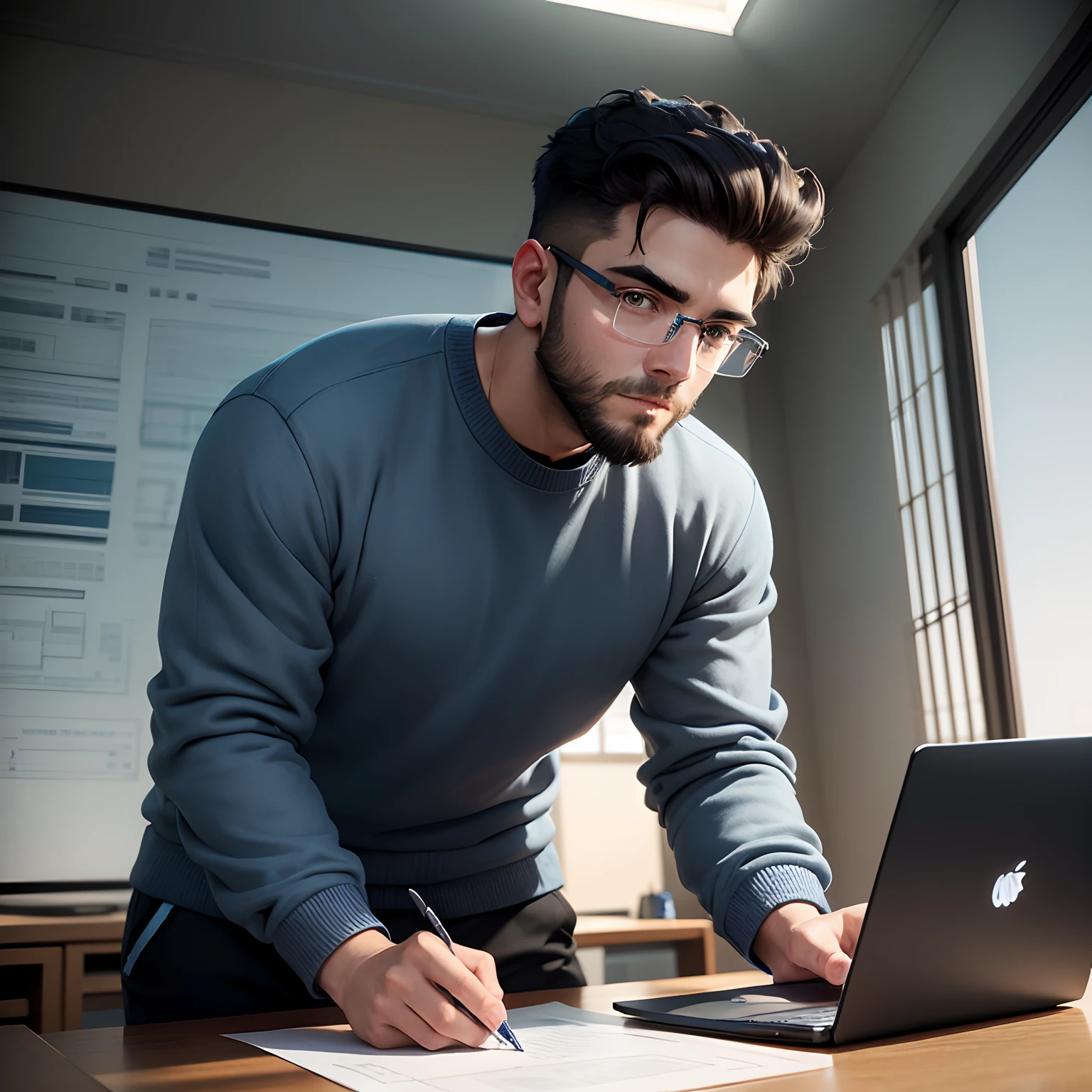 A 22 years old boy with small beard and quiff hairstyle wearing blue sweatshirt and black track pants , also wearing rim square eyeglasses doing an architectural drawing sheets on his table with laptop open and some architectural plan on screen , time is at midnight , moon can be seen from the window.