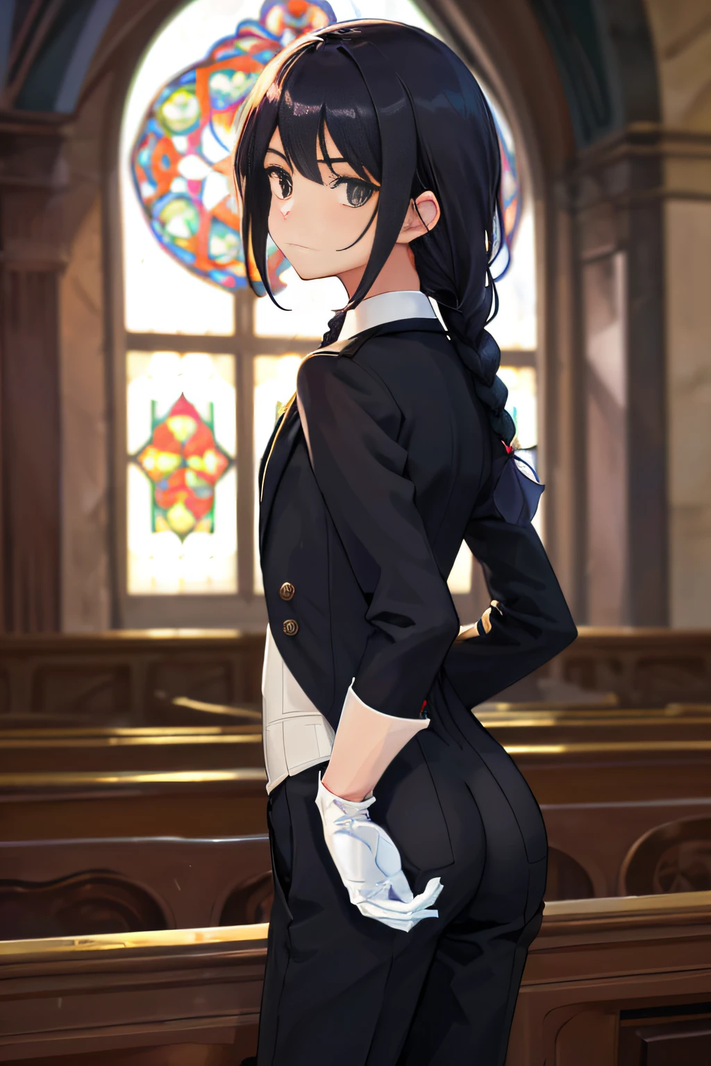 ((One girl is dressed as a guy)), butler,(masterpiece),((wearing beautiful detailed butler clothes)),((tailcoat)),((pants)),white gloves,sommelier,one of a kind girl,pretty face,beautiful eyes with details,((single braid)),beautiful face,slanted eyes cool face,long hair,black hair,black eyes,indoor,church,masterpiece,extremely fine and beautiful,boyis,centerd view,facing forward,arms behind back,((flat chest))