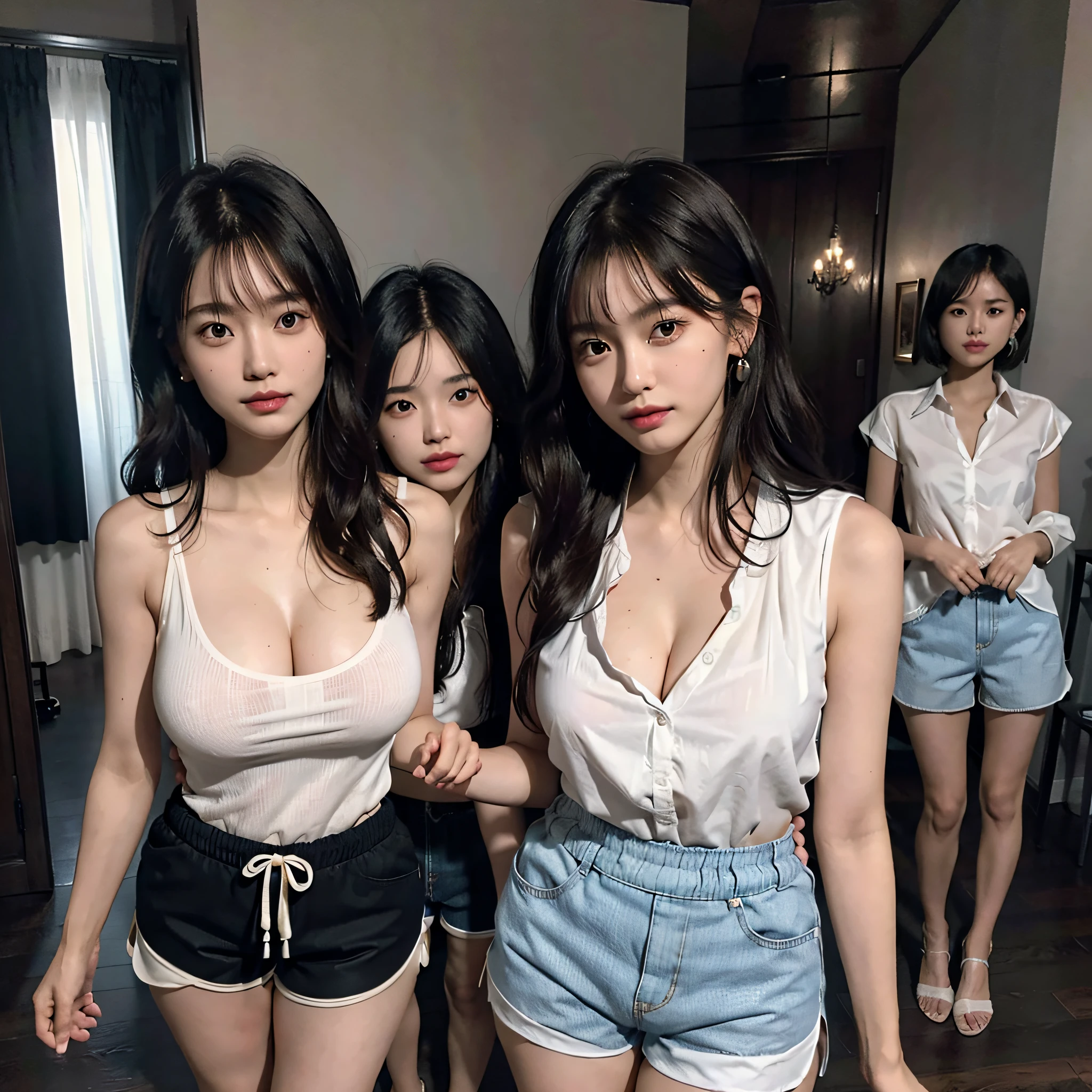 absurdres, RAW photo, extremely delicate and beautiful, masterpiece, Best Quality, ultra high resolution, 16k, hyperrealistic, ultra-detailed, Very detailed CG 8k wallpaper, Beautiful Lighting, Perfect Lightning, Realistic Shadows, perfect anatomy, super Detailed skin, perfect figure, Japanese woman, in her 20s, very Slim body, narrow waist, very small head, handsome detailed woman, very detailed eyes and face, realistic face proportions, Stunning detailed eyes, Realistic beautiful face, very small face, Realistic small beautiful eyes, double eyelids, makeup, tearful mole, mole on chest, earring, bare legs, beautiful and very thin legs, beautiful and very thin thighs, (very huge round breasts:1.4), (full body shot), short hair, wavy hair, sweat, (3 girls:1.5), (shorts, dress shirt:1.5), (sleeveless, bare arms, bare legs, tight-fitting),