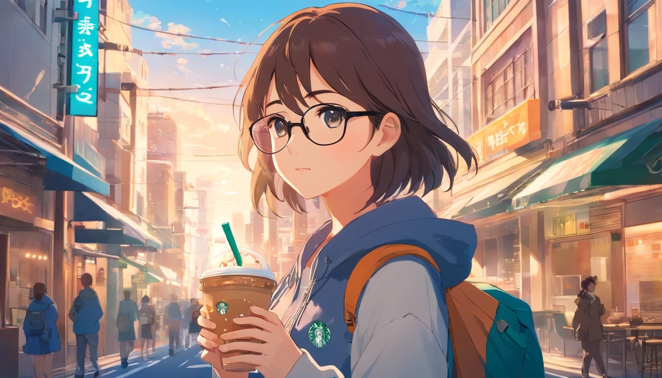 girl with, Sparrow tears, Your name is, cute little, eye glasses, windbreaker, Walking with Starbucks coffee, Inside the city, daytime