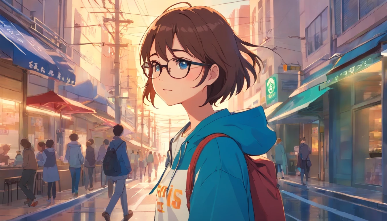 girl with, Sparrow tears, Your name is, cute little, eye glasses, windbreaker, Walking with Starbucks coffee, Inside the city, daytime