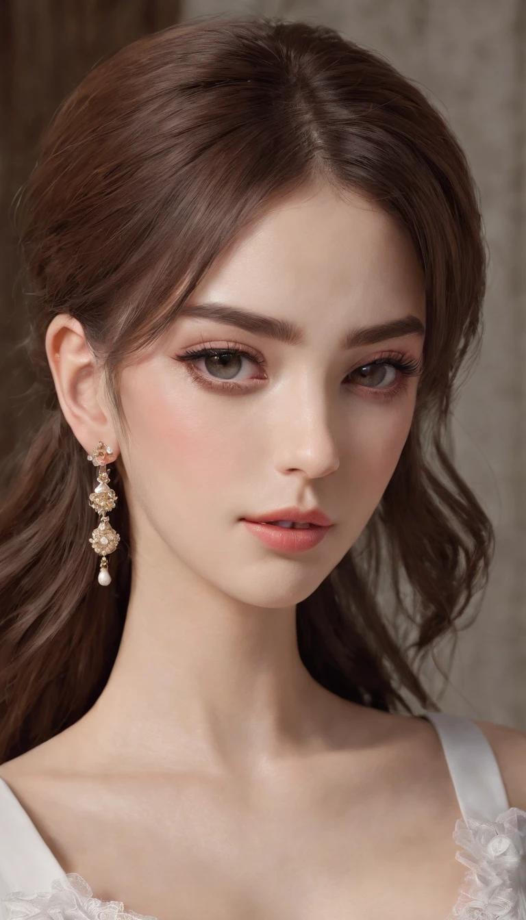 (best quality,4k,8k,highres,masterpiece:1.2),ultra-detailed,(realistic,photorealistic,photo-realistic:1.37),beautiful expressive eyes,long eyelashes,beautiful detailed lips,detailed hair and face,(She looks as if she is about to cry.),clean and flawless skin,(Very large breasts, big tits, oversized tits),Short hair,(Earrings, maid uniform),