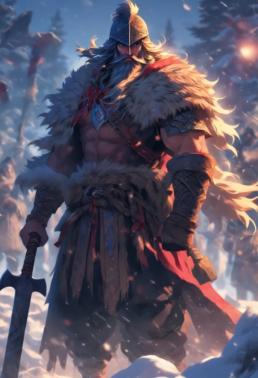 (((Man with axe))) best quality, very high resolution, 4K detailed CG, masterpiece, Slavic mythology,PERUN, thunder in the background, Slovenia, standing pose, helmet, Slavic clothes, snow, ((ax in hand)), Middle Ages, aesthetics, beautiful image, centered on the screen, standing pose