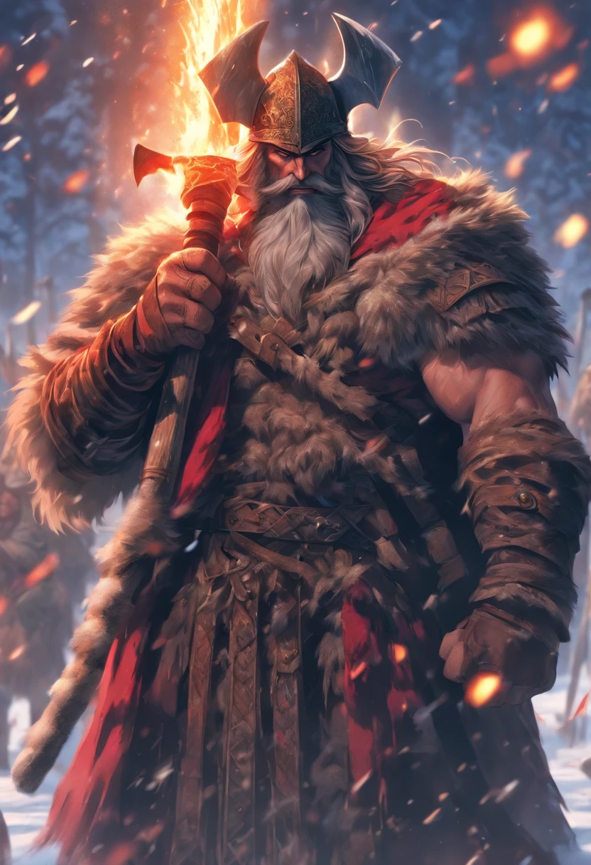 (((Man with axe))) best quality, very high resolution, 4K detailed CG, masterpiece, Slavic mythology,PERUN, thunder in the background, Slovenia, standing pose, helmet, Slavic clothes, snow, ((ax in hand)), Middle Ages, aesthetics, beautiful image, centered on the screen, standing pose