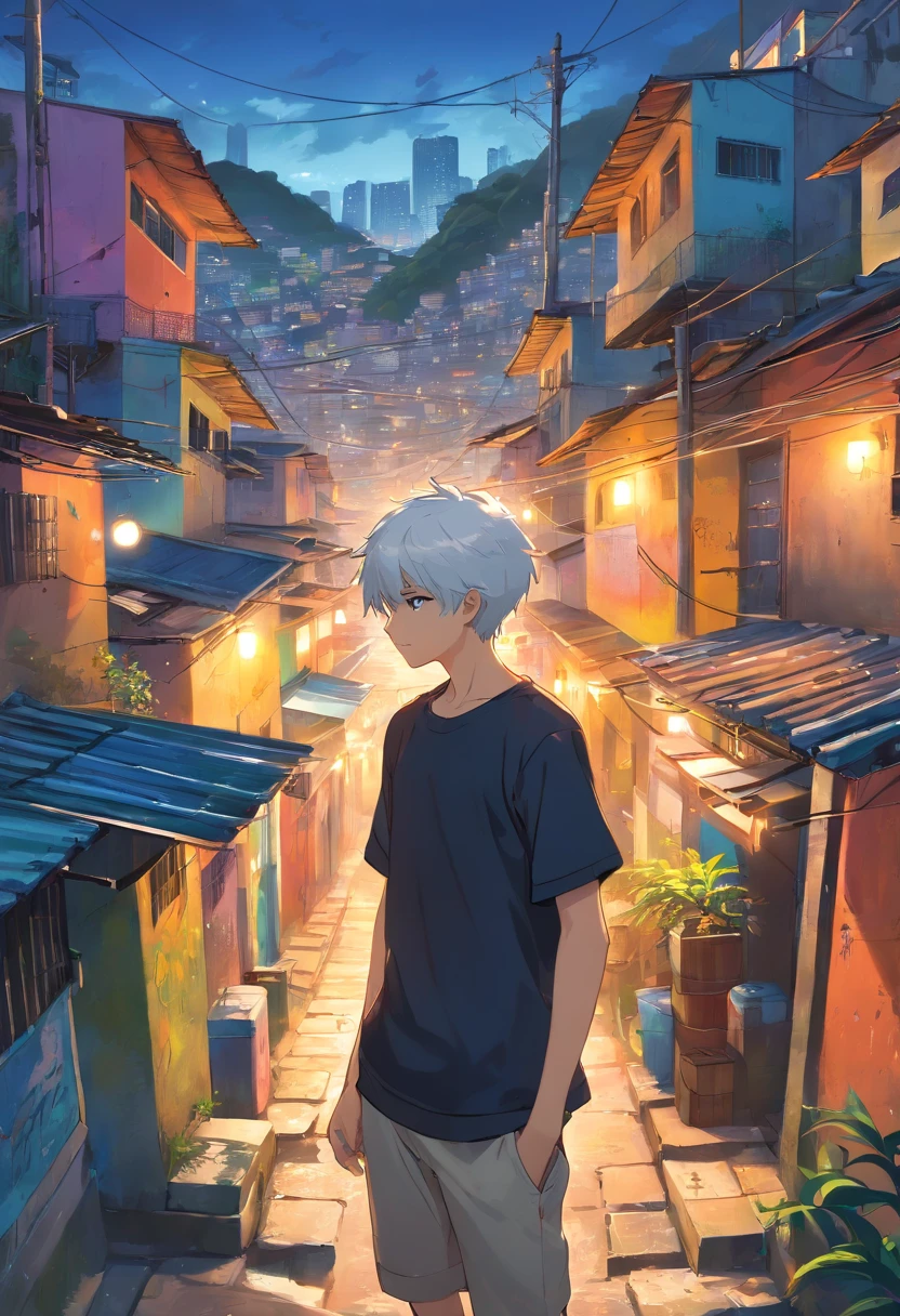 a schoolboy with white hair wearing a black shirt, exploring the vibrant and colorful favela in Rio de Janeiro, Brazil. The scene depicts the boy inquisitively walking through the narrow streets surrounded by colorful houses and graffiti-covered walls. The favela is teeming with life, with locals going about their daily activities. The boy's white hair stands out against the backdrop of the favela, symbolizing his uniqueness and curiosity. The artwork is rendered in a medium that combines elements of illustrations and photography, creating a visually striking and captivating piece. The colors are vivid and saturated, reflecting the lively and energetic atmosphere of the favela. The lighting is dynamic, casting dramatic shadows and emphasizing the textures of the walls and streets. The image is of the highest quality, with ultra-detailed elements and a realistic, photorealistic rendering. Overall, the artwork captures the spirit and charm of the favela, showcasing the beauty and resilience of the community.