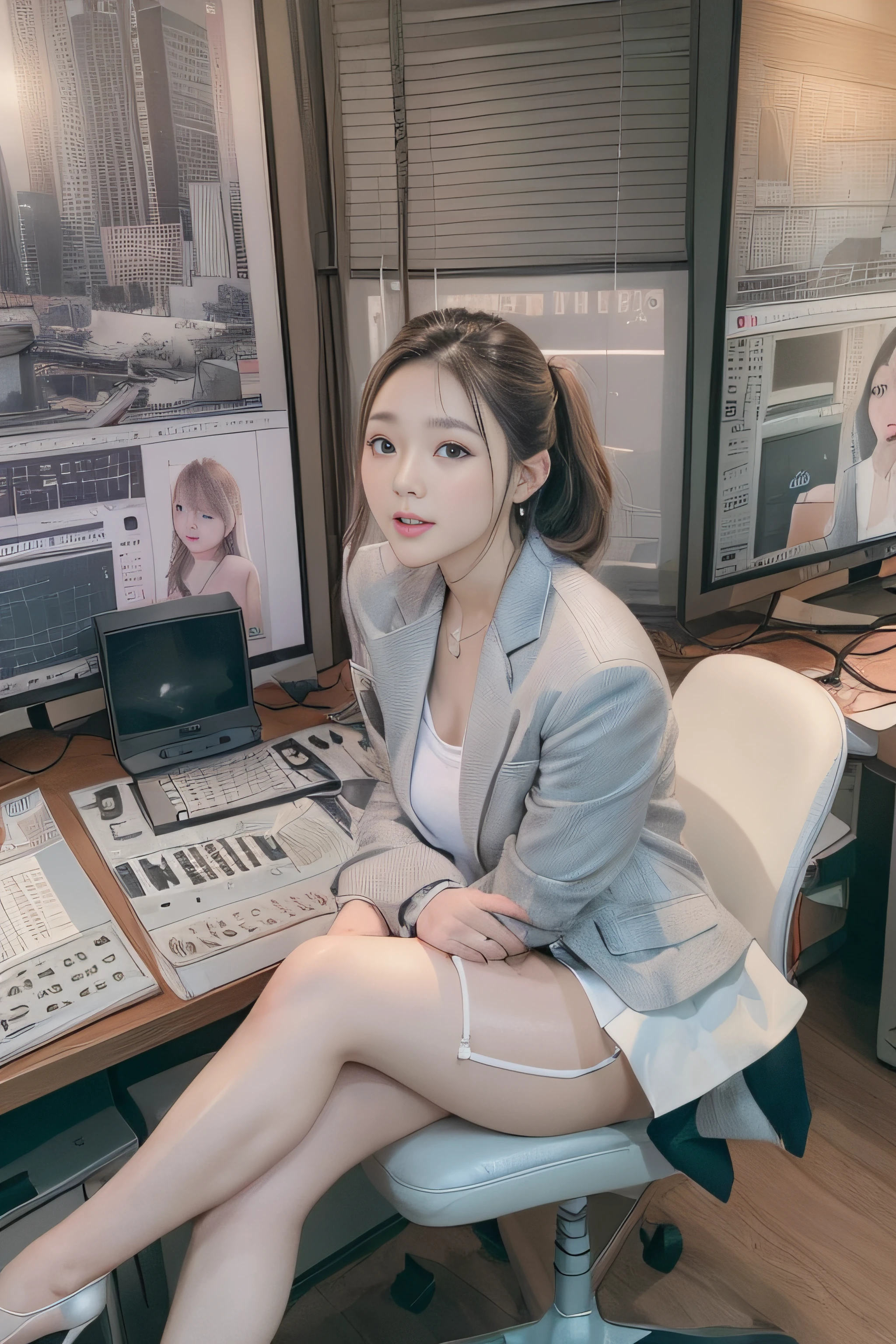 (Super beautiful)、(beauitful face:1.4)、announcer、(Clear pubic contours)，spreads her legs、Sit in a chair in the studio、(white  panties:1.2)、Gray Custom Jacket、(white  shirt)、(a miniskirt:1.3)、high-heels、TV station news studio、At SFW