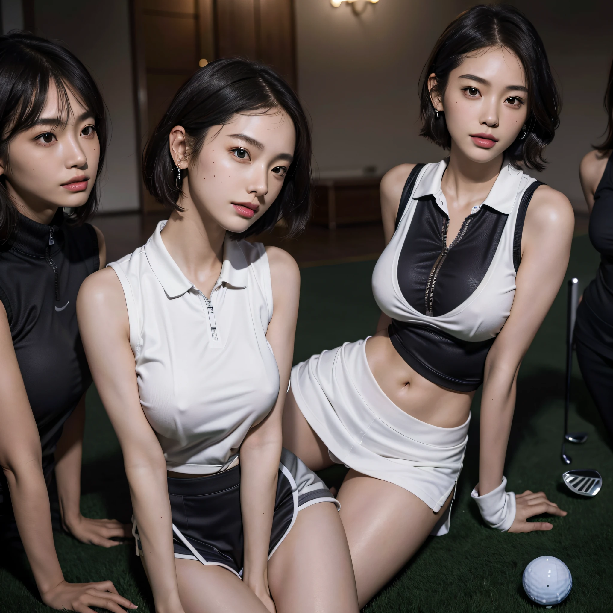 absurdres, RAW photo, extremely delicate and beautiful, masterpiece, Best Quality, ultra high resolution, 16k, hyperrealistic, ultra-detailed, Very detailed CG 8k wallpaper, Beautiful Lighting, Perfect Lightning, Realistic Shadows, perfect anatomy, super Detailed skin, perfect figure, Japanese woman, in her 20s, very Slim body, narrow waist, very small head, handsome detailed woman, very detailed eyes and face, realistic face proportions, Stunning detailed eyes, Realistic beautiful face, very small face, Realistic small beautiful eyes, double eyelids, makeup, tearful mole, mole on chest, earring, bare legs, beautiful and very thin legs, beautiful and very thin thighs, (very huge round breasts:1.4), (full body shot), short hair, wavy hair, sweat, (3 girls:1.5), (golf wear:1.5), (sleeveless, bare arms, bare legs, tight-fitting),