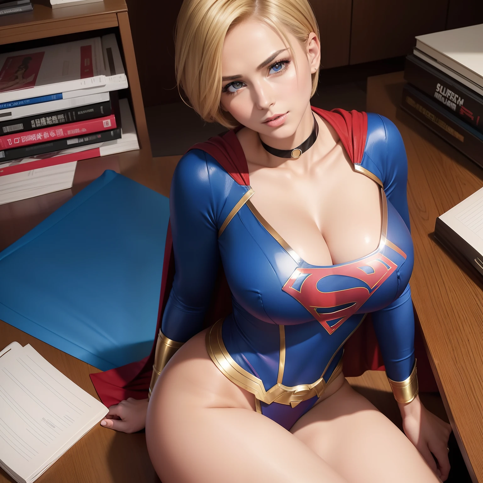 (Best Quality,4K,8K,hight resolution,masutepiece:1.2),Ultra-detailed,Realistic:1.37,Super masterpiece,Short-haired Supergirl lying on office desk seducing、large full breasts、Looking at the camera、Glossy costume、a choker、bare-legged、Weekly magazine cover、bewitching poses