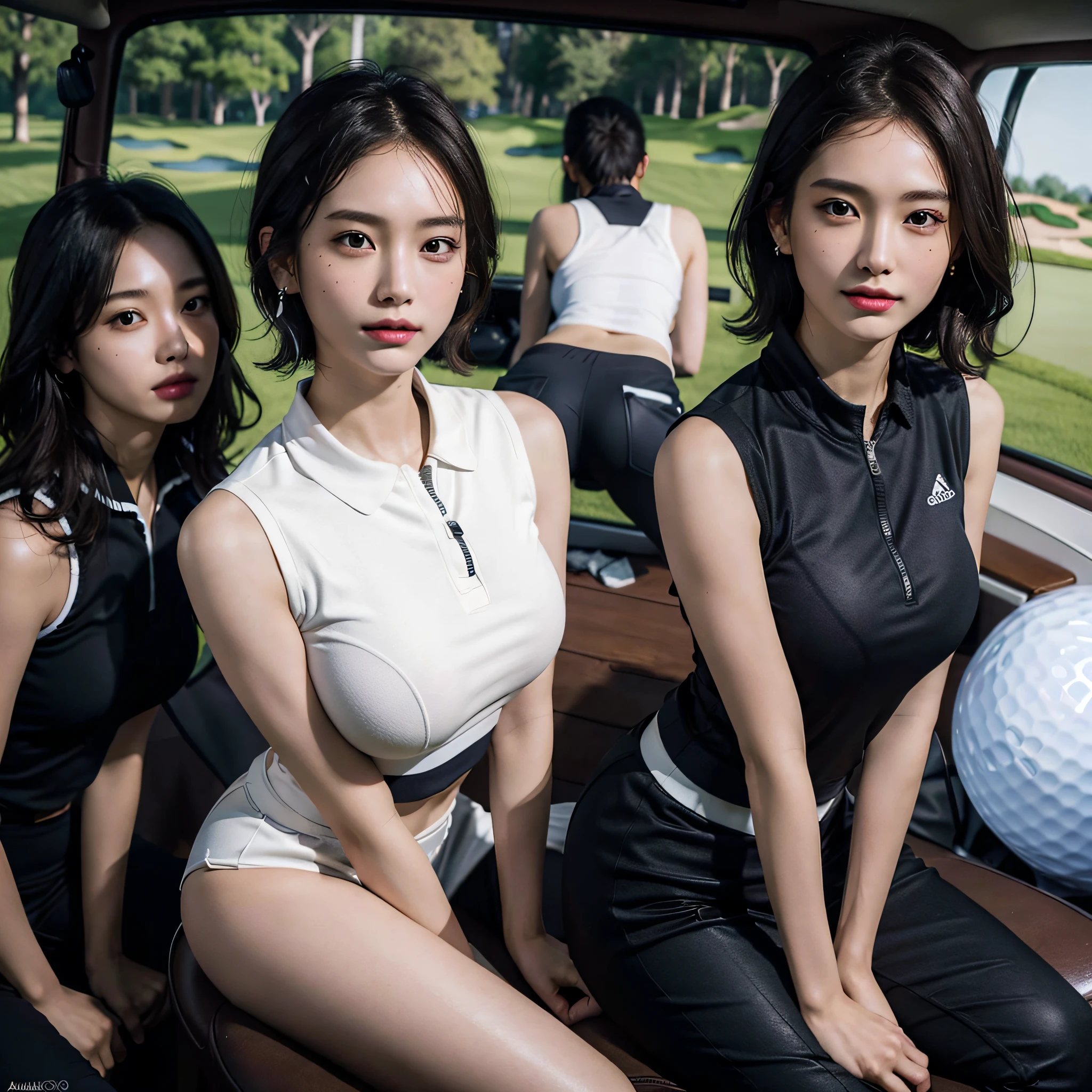 absurdres, RAW photo, extremely delicate and beautiful, masterpiece, Best Quality, ultra high resolution, 16k, hyperrealistic, ultra-detailed, Very detailed CG 8k wallpaper, Beautiful Lighting, Perfect Lightning, Realistic Shadows, perfect anatomy, super Detailed skin, perfect figure, Japanese woman, in her 20s, very Slim body, narrow waist, very small head, handsome detailed woman, very detailed eyes and face, realistic face proportions, Stunning detailed eyes, Realistic beautiful face, very small face, Realistic small beautiful eyes, double eyelids, makeup, tearful mole, mole on chest, earring, bare legs, beautiful and very thin legs, beautiful and very thin thighs, (very huge round breasts:1.4), (full body shot), short hair, wavy hair, sweat, (3 girls:1.5), (golf wear:1.5), (sleeveless, bare arms, bare legs, tight-fitting),