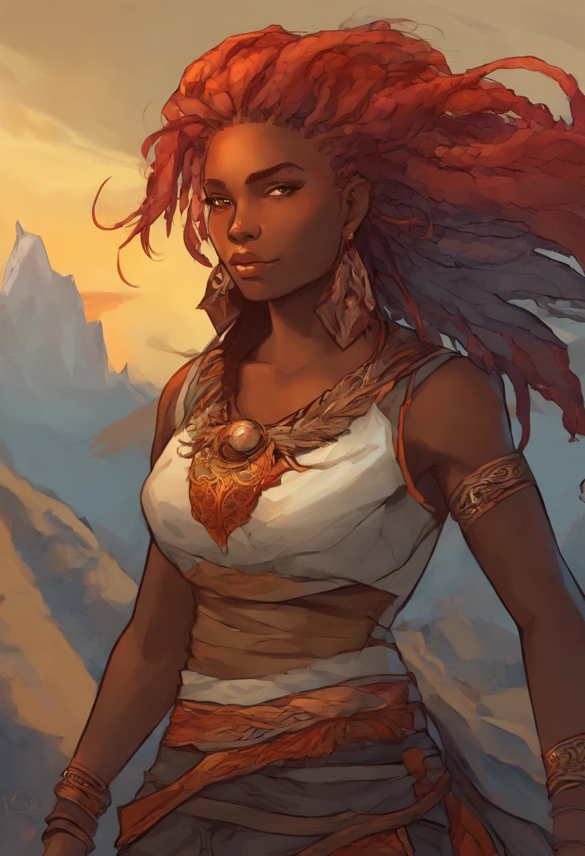 Male with red fire like hair in a ponytail and part of it is covering the left eye. Eyes are red to white. Has a dangle earring on right ear. Skin is ash gray. Has a tribal tattoo on his upper arm and shoulder. Has a Cthulu tattoo on his forearm. Wears a silver Cthulu pendant. Wears a black skin-tight tanktop crop top. Baggy pants going down to right below the knee are blue-ish gray. Wraps are right where the pants end. Yellow-ish brown combat boots. Has a San Felix colored scaf that goes down to the waist.