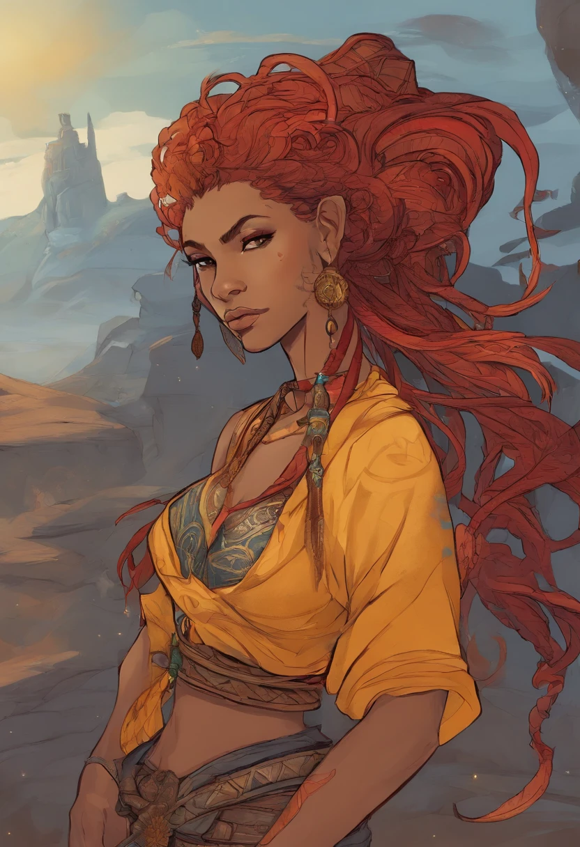 Male with red fire like hair in a ponytail and part of it is covering the left eye. Eyes are red to white. Has a dangle earring on right ear. Skin is ash gray. Has a tribal tattoo on his upper arm and shoulder. Has a Cthulu tattoo on his forearm. Wears a silver Cthulu pendant. Wears a black skin-tight tanktop crop top. Baggy pants going down to right below the knee are blue-ish gray. Wraps are right where the pants end. Yellow-ish brown combat boots. Has a San Felix colored scaf that goes down to the waist.