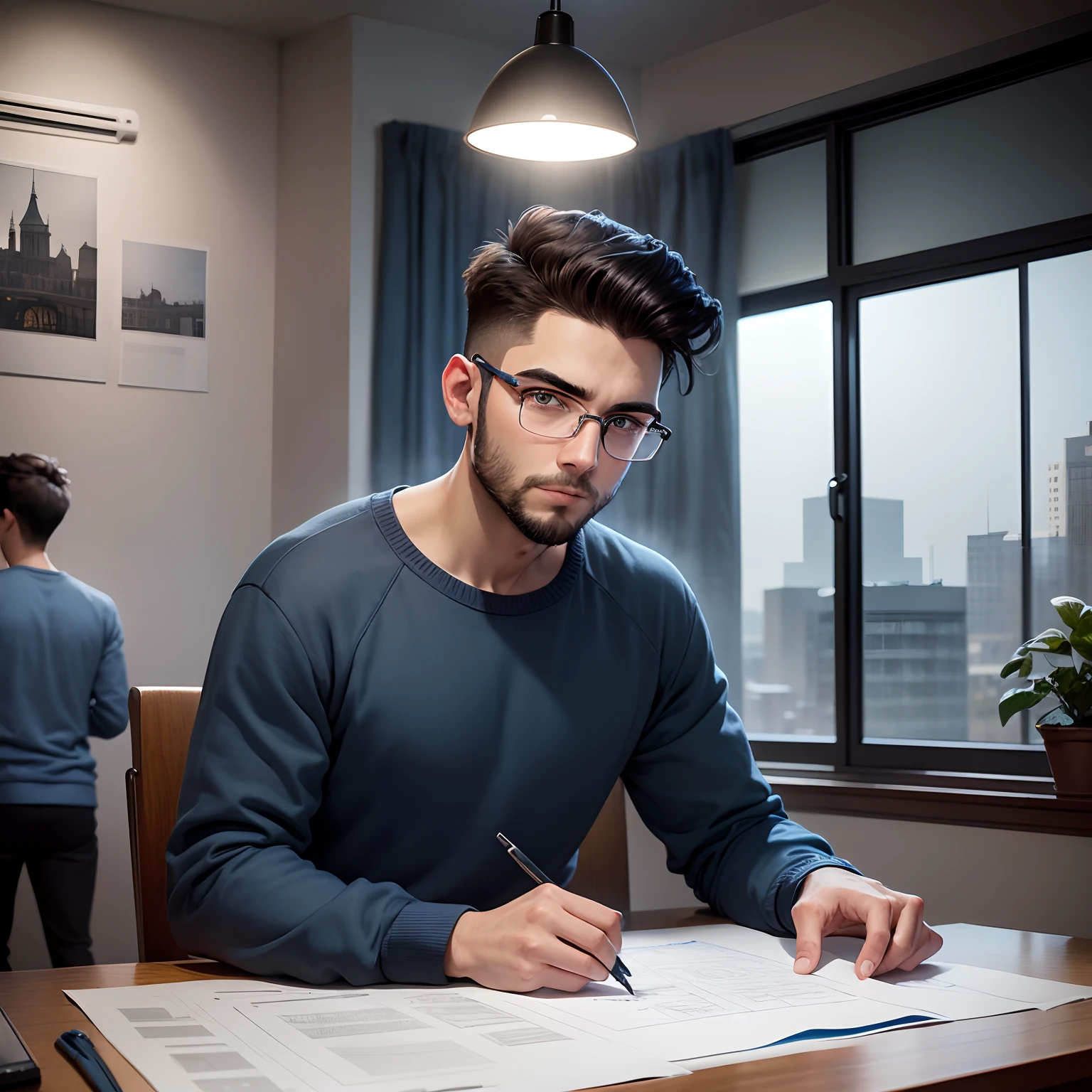 A 22 years old boy with small beard and quiff hairstyle wearing blue sweatshirt and black track pants , also wearing rim square eyeglasses doing an architectural drawing sheets on his table with laptop open and some architectural plan on screen , time is at midnight , moon can be seen from the window.