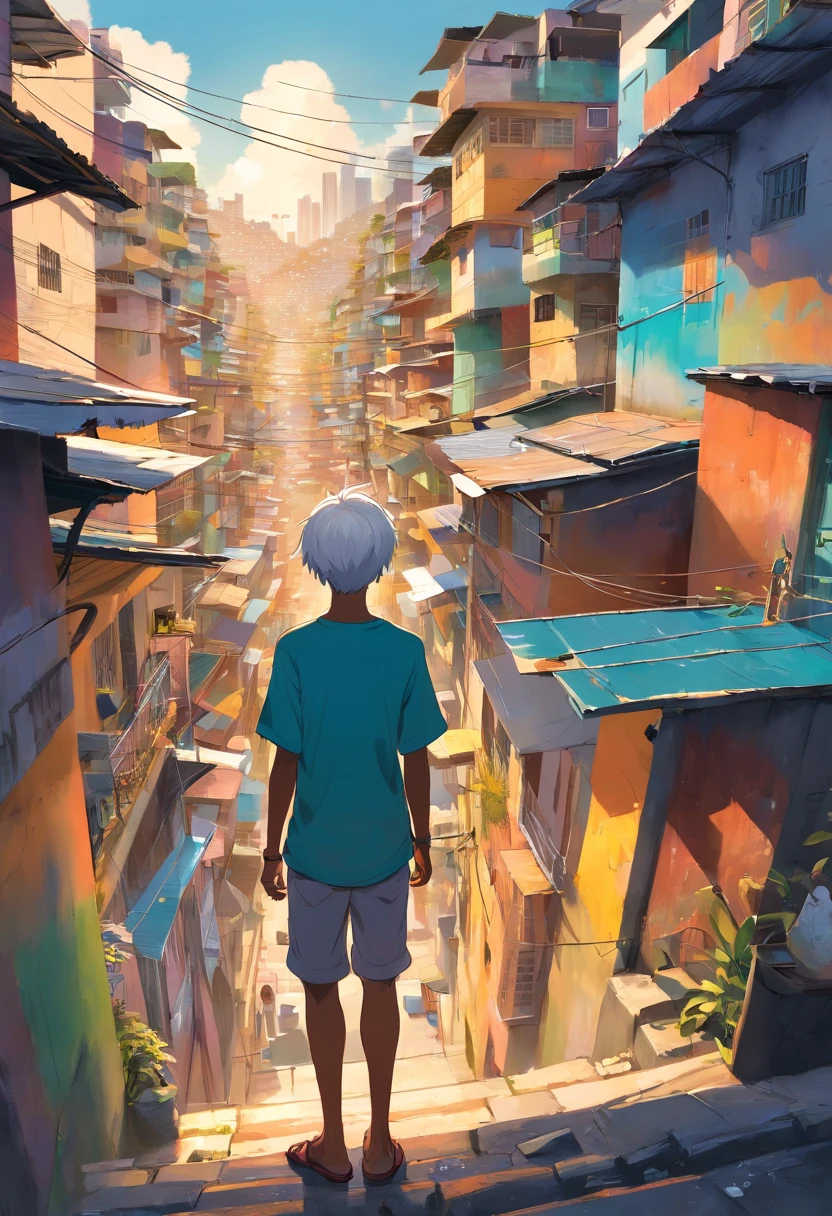 um estudante de cabelos brancos vestindo uma camisa preta, explorando a vibrante e colorida favela do Rio de Janeiro, Brasil. A cena mostra o garoto caminhando curiosamente pelas ruas estreitas cercadas por casas coloridas e muros cobertos de grafite. The favela is teeming with life, with the residents going about their daily activities. The boy's white hair stands out against the backdrop of the favela, simbolizando sua singularidade e curiosidade. The work is rendered in a medium that combines elements of illustrations and photography, creating a visually striking and captivating piece. The colors are vivid and saturated, reflecting the lively and energetic atmosphere of the favela. The lighting is dynamic, casting dramatic shadows and emphasizing the textures of walls and streets. The image is of the highest quality, com elementos ultra-detalhados e um, Photorealistic rendering. Geral, The work captures the spirit and charm of the favela, showcasing the beauty and resilience of the community.