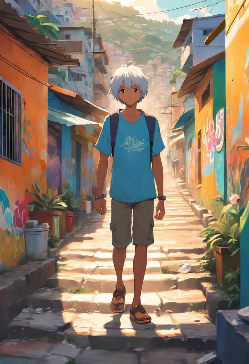 um estudante de cabelos brancos vestindo uma camisa preta, explorando a vibrante e colorida favela do Rio de Janeiro, Brasil. A cena mostra o garoto caminhando curiosamente pelas ruas estreitas cercadas por casas coloridas e muros cobertos de grafite. The favela is teeming with life, with the residents going about their daily activities. The boy's white hair stands out against the backdrop of the favela, simbolizando sua singularidade e curiosidade. The work is rendered in a medium that combines elements of illustrations and photography, creating a visually striking and captivating piece. The colors are vivid and saturated, reflecting the lively and energetic atmosphere of the favela. The lighting is dynamic, casting dramatic shadows and emphasizing the textures of walls and streets. The image is of the highest quality, com elementos ultra-detalhados e um, Photorealistic rendering. Geral, The work captures the spirit and charm of the favela, showcasing the beauty and resilience of the community.