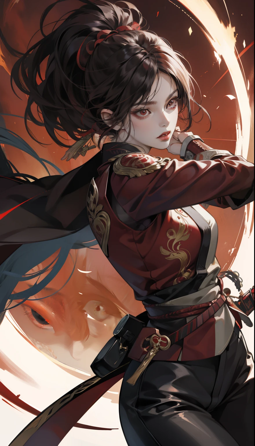 Woman in red top and black tight leather pants, She holds a crimson sword、Sword、Combat depiction、Expression of dynamism、Battle Characters, Long straight hair with red highlights on black hair,Hair fluttering in the wind,sharp eye、Clear red eyes、Red Eyeliner、long lashes, nffsw, crimson attire, Realistic skin expression with delicate details,Realistically reproduces muscle texture、Intricately decorated crimson-themed long jacket、Big Brat Moon Background、Comical illustration、Delicate illustrations depicted in detail