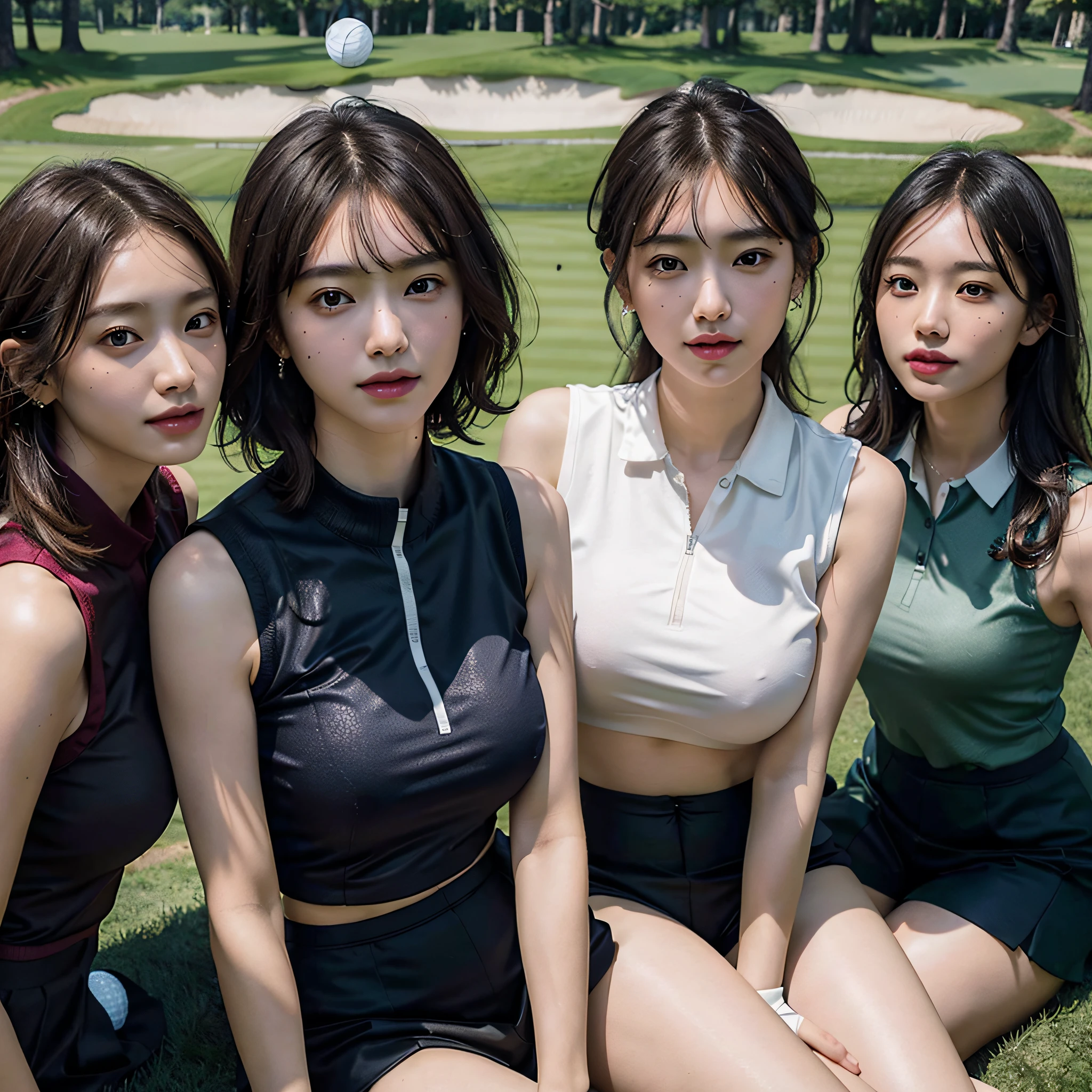 absurdres, RAW photo, extremely delicate and beautiful, masterpiece, Best Quality, ultra high resolution, 16k, hyperrealistic, ultra-detailed, Very detailed CG 8k wallpaper, Beautiful Lighting, Perfect Lightning, Realistic Shadows, perfect anatomy, super Detailed skin, perfect figure, Japanese woman, in her 20s, very Slim body, narrow waist, very small head, handsome detailed woman, very detailed eyes and face, realistic face proportions, Stunning detailed eyes, Realistic beautiful face, very small face, Realistic small beautiful eyes, double eyelids, makeup, tearful mole, mole on chest, earring, bare legs, beautiful and very thin legs, beautiful and very thin thighs, (very huge round breasts:1.4), (full body shot), short hair, wavy hair, sweat, (3 girls:1.5), (golf wear:1.5), (sleeveless, bare arms, bare legs, tight-fitting),
