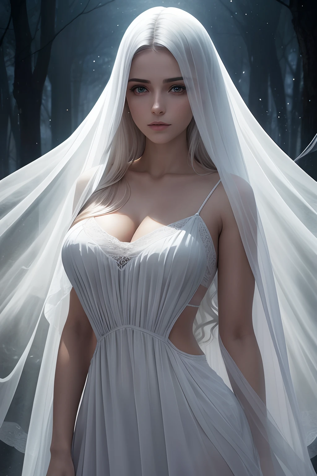(best quality,alto,ultra-detalhado,Realistic:1.2),Uma bela fantasma espectral semitransparente, rosto lindo e corpo com busto grande cintura fina quadril largo e figura assustadoramente detalhados, olhos cinzas penetrantes, long flowing white hair, roupas brancas camisola branca transparente , atmosfera sombria e misteriosa, ghostly presence, Subtle and sinister lighting, Translucent and otherworldly, fracamente brilhante, Ghostly apparition ,assombrosamente bela, mas melancolia, sussurrando ao vento, Aura sobrenatural, Vibrando, ethereal colors, ambiente surreal transcendente e misterioso, flutuando graciosamente ao luar