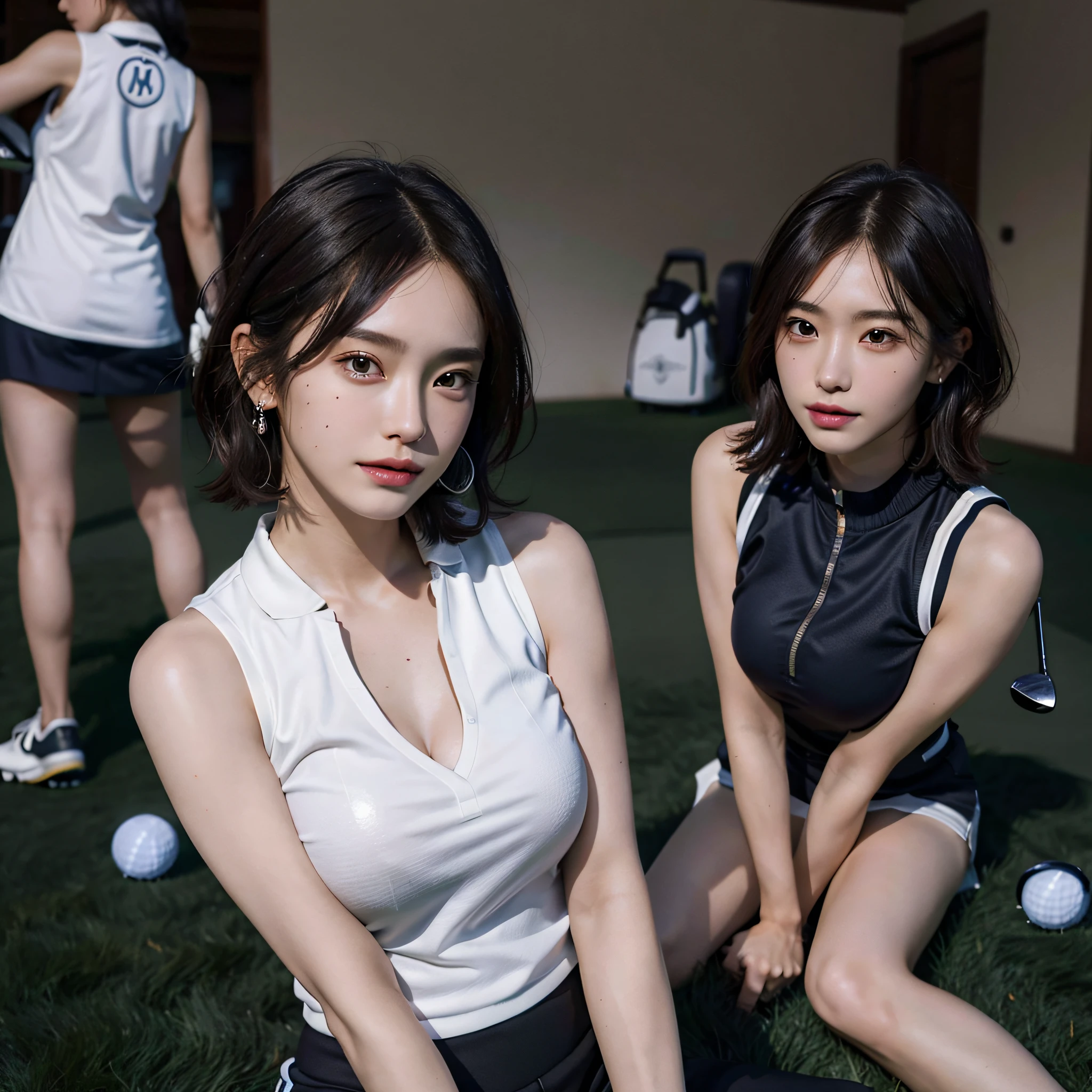 absurdres, RAW photo, extremely delicate and beautiful, masterpiece, Best Quality, ultra high resolution, 16k, hyperrealistic, ultra-detailed, Very detailed CG 8k wallpaper, Beautiful Lighting, Perfect Lightning, Realistic Shadows, perfect anatomy, super Detailed skin, perfect figure, Japanese woman, in her 20s, very Slim body, narrow waist, very small head, handsome detailed woman, very detailed eyes and face, realistic face proportions, Stunning detailed eyes, Realistic beautiful face, very small face, Realistic small beautiful eyes, double eyelids, makeup, tearful mole, mole on chest, earring, bare legs, beautiful and very thin legs, beautiful and very thin thighs, (very huge round breasts:1.4), (full body shot), short hair, wavy hair, sweat, (3 girls:1.5), (golf wear:1.5), (sleeveless, bare arms, bare legs, tight-fitting),